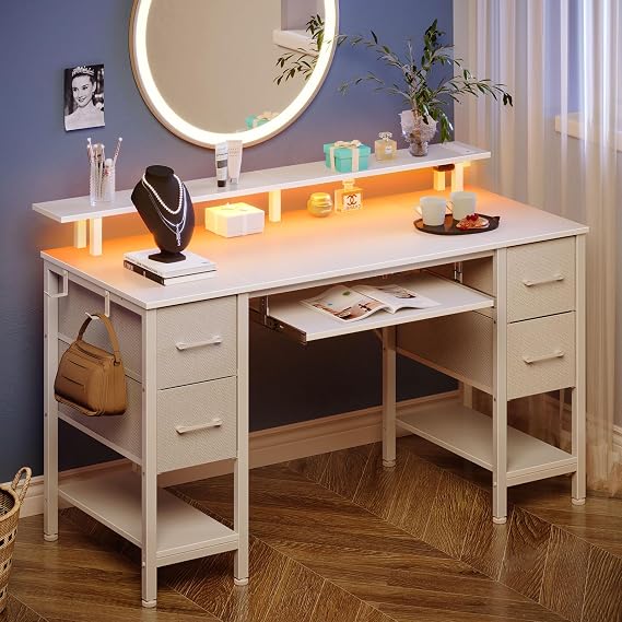 Seventable Gaming Desk 140 cm with USB Sockets & Ports, RGB LED, Desk with Storage and 4 Fabric Drawers, Ergonomic Keyboard Tray and Adjustable Monitor Stand, White