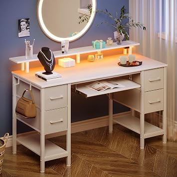 Seventable Gaming Desk 140 cm with USB Sockets & Ports, RGB LED, Desk with Storage and 4 Fabric Drawers, Ergonomic Keyboard Tray and Adjustable Monitor Stand, White