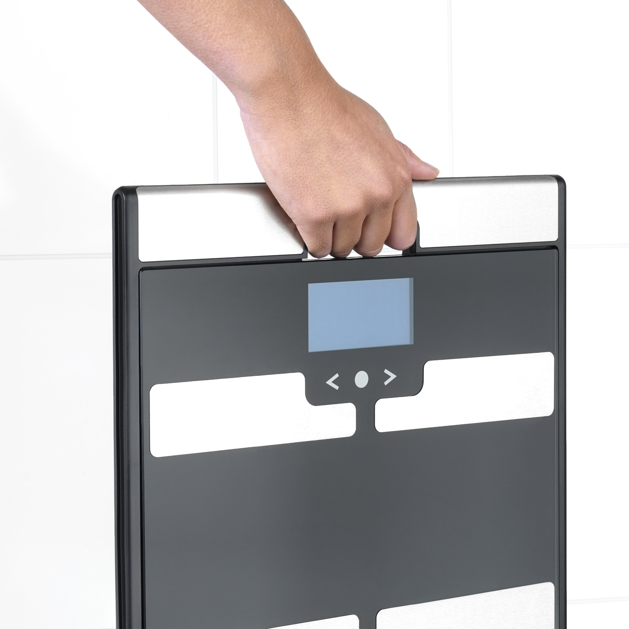 Brabantia Bathroom Scale Bilancia Pesapersone con Analisi Massa Corporea, Maniglia per Trasporto, Nero/Inox Satinato