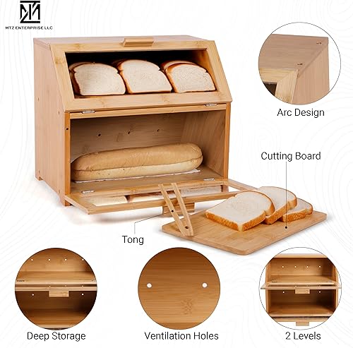Miniatura 5 de MTZ - Panera de bambú de 2 capas para encimera de cocina con tabla de cortar y pinzas, las mejores cajas de pan para encimera de cocina,
