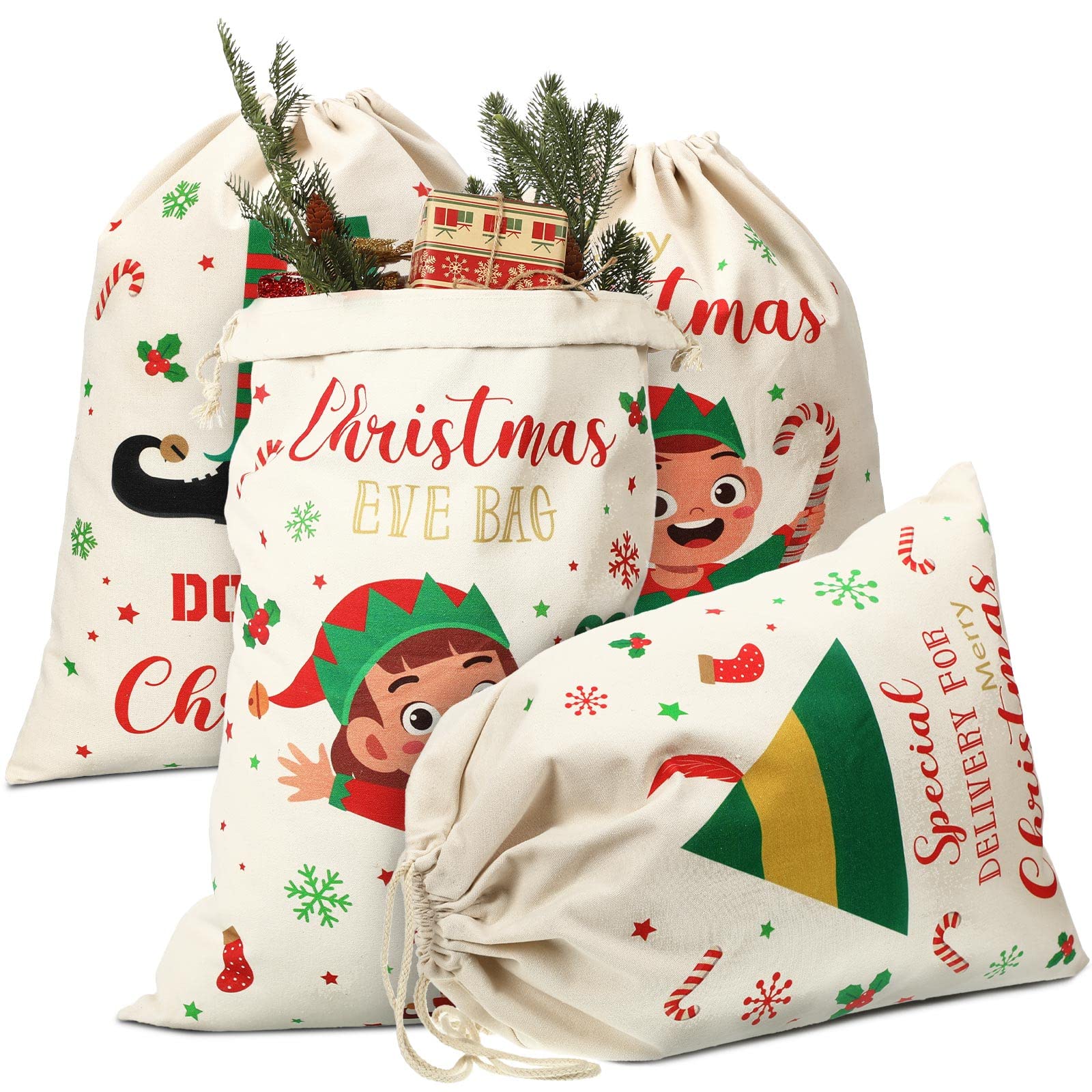 4 Pcs Jumbo Christmas Santa Gift Bag, 26 x 18 inch Large Elf Sack Bag Giant Christmas Santa Bag with Drawstring Christmas Elf Gift Bags for Xmas Party Favor Supplies Holiday Wrapping