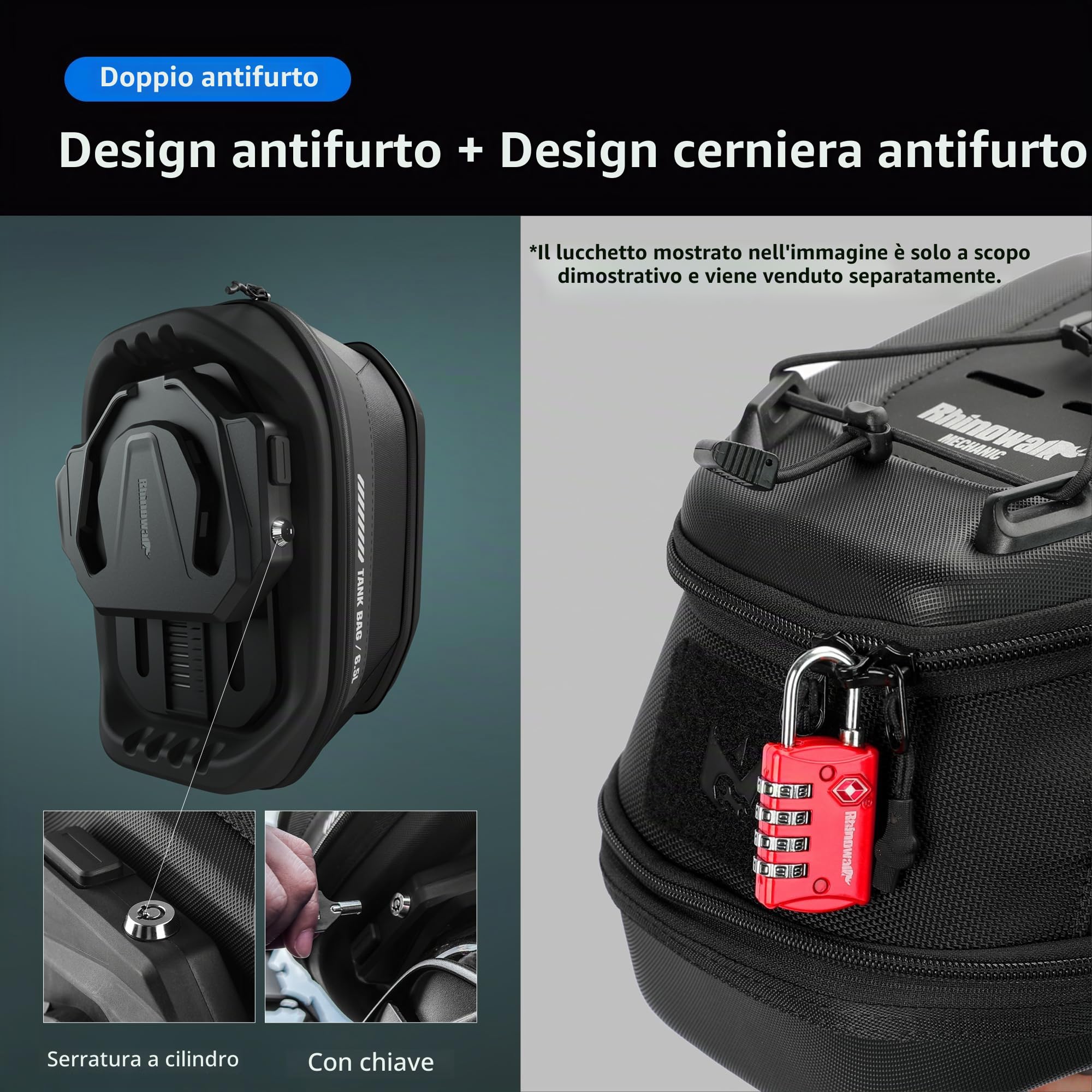 Rhinowalk Borsa da serbatoio per moto, magnetica, a sgancio rapido, 5 – 6,5 l, capacità espandibile, zaino con copertura antipioggia