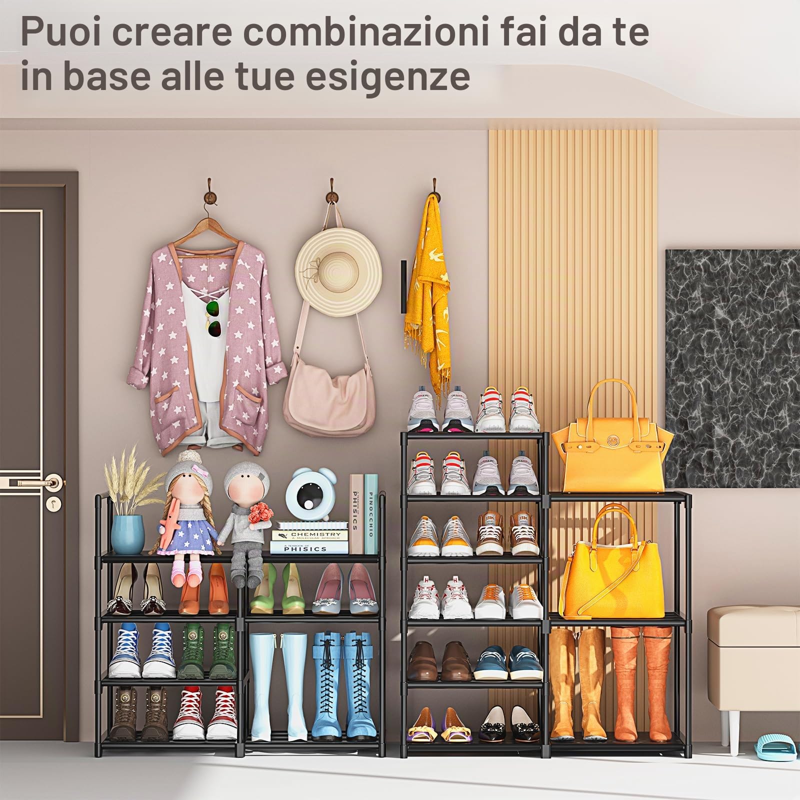 Kottwca - Scarpiera a 2 file con 10 ripiani, organizer per armadio e ingresso, scaffale porta scarpe per 40-45 paia di stivali, scaffale porta scarpe verticale piccolo in metallo impilabile per angolo