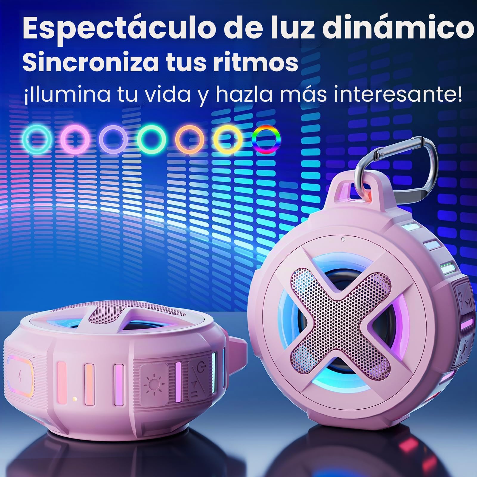 Xleader Mini Altavoz Bluetooth Rosa, Certificado IPX7 Impermeable Ducha Piscina Flotante Altavoz con Luces, Clip, Micrófono, Crystal Sound&Bass, Playa Viaje Ideal Chica Adolescente Mujer Regalos