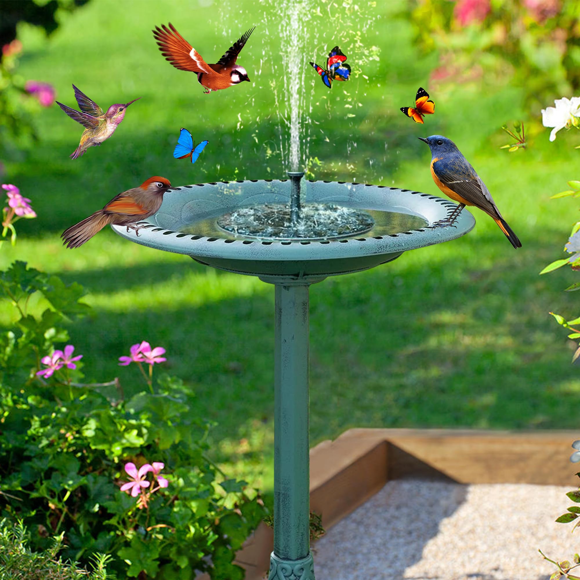 Bain d'oiseaux Vertical avec Fontaine Solaire, Distributeur de Nourriture pour Oiseaux Sauvages, 2 en 1, sur Pied, Style Vintage, pour Extérieur, Jardins et Pelouses (Vert)