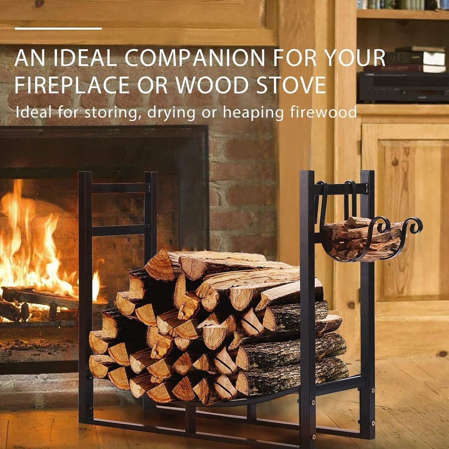 Fireplace Screen Firewood Log Rack With Kindling Holder, Indoor Outdoor Fireside Logs Holder For Wood Storage, Freestanding Stove Accessories, 83Cm Wide X 78Cm Tall