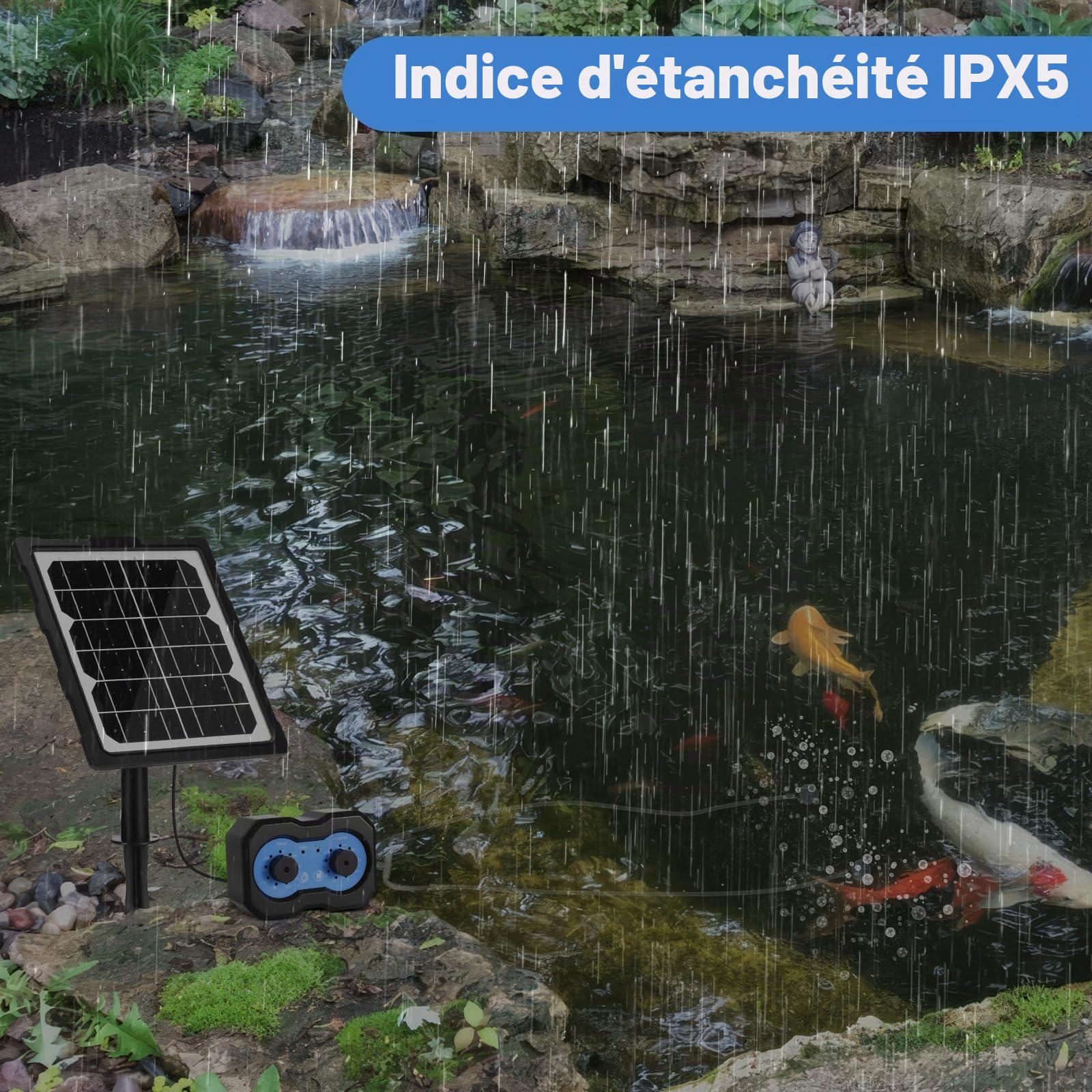 Pompe à oxygène solaire - 3 W - 2 modes de travail - Pompe à oxygène solaire programmée avec batterie de 2200 mAh - Silencieux et réglable - Pompe à air d'aquarium - Pompe à oxygène pour étang, jardin