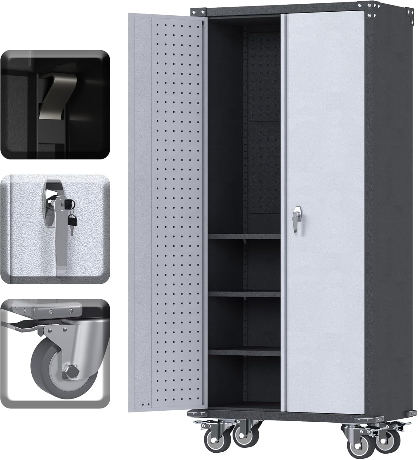Metal Storage Cabinet with Wheels and Pegboard, 71" Tall Garage Storage Cabinet with Shelves and Locking Doors, Rolling Tool Cabinet for Garage Home Office Utility Room-Required Assembly
