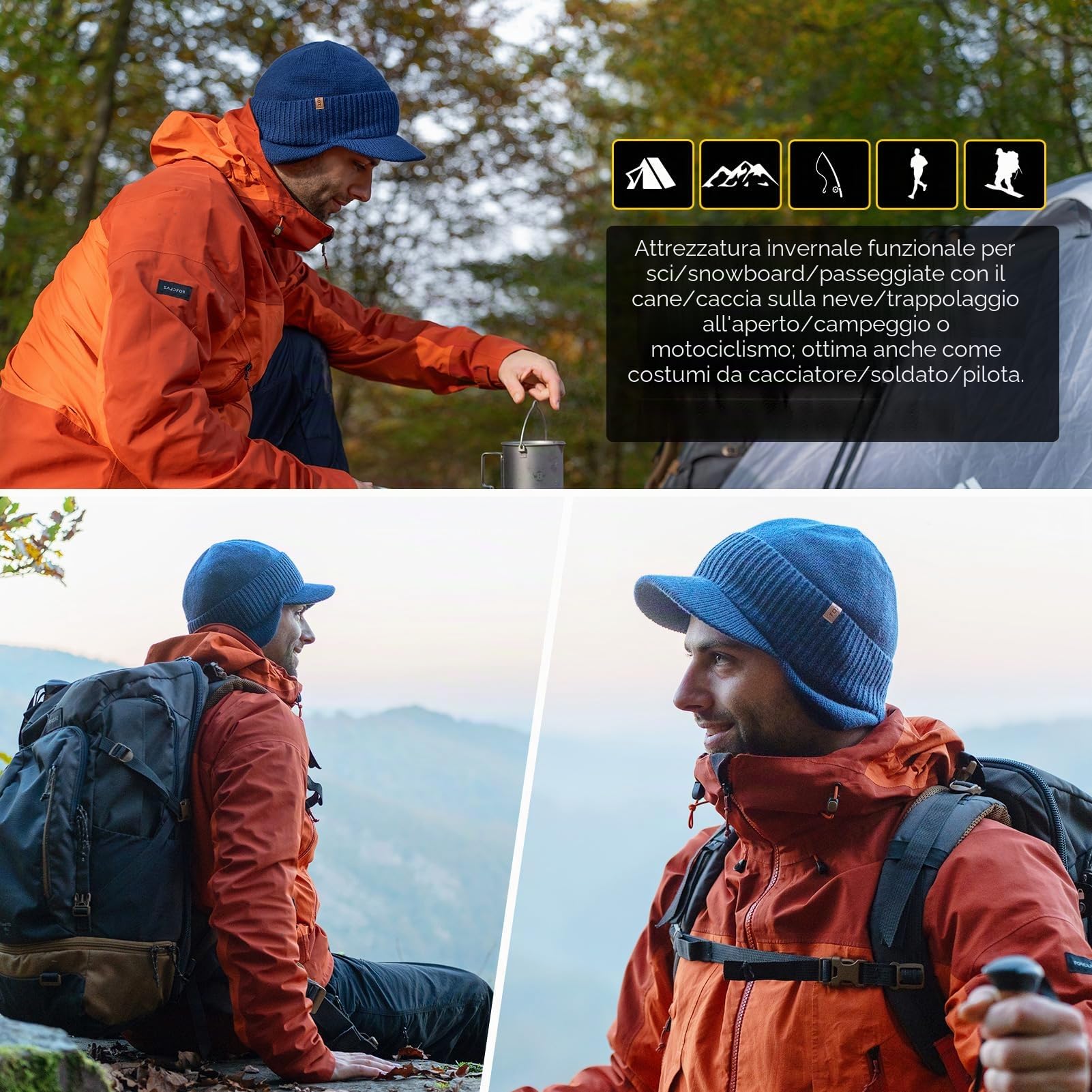 TOP-EX DryKnit™ Berretto impermeabile con visiera in 80% lana merino con paraorecchie invernale caldo foderato in pile Newsboy Baker Boy cappelli per il freddo - Stile unisex 55-66 cm