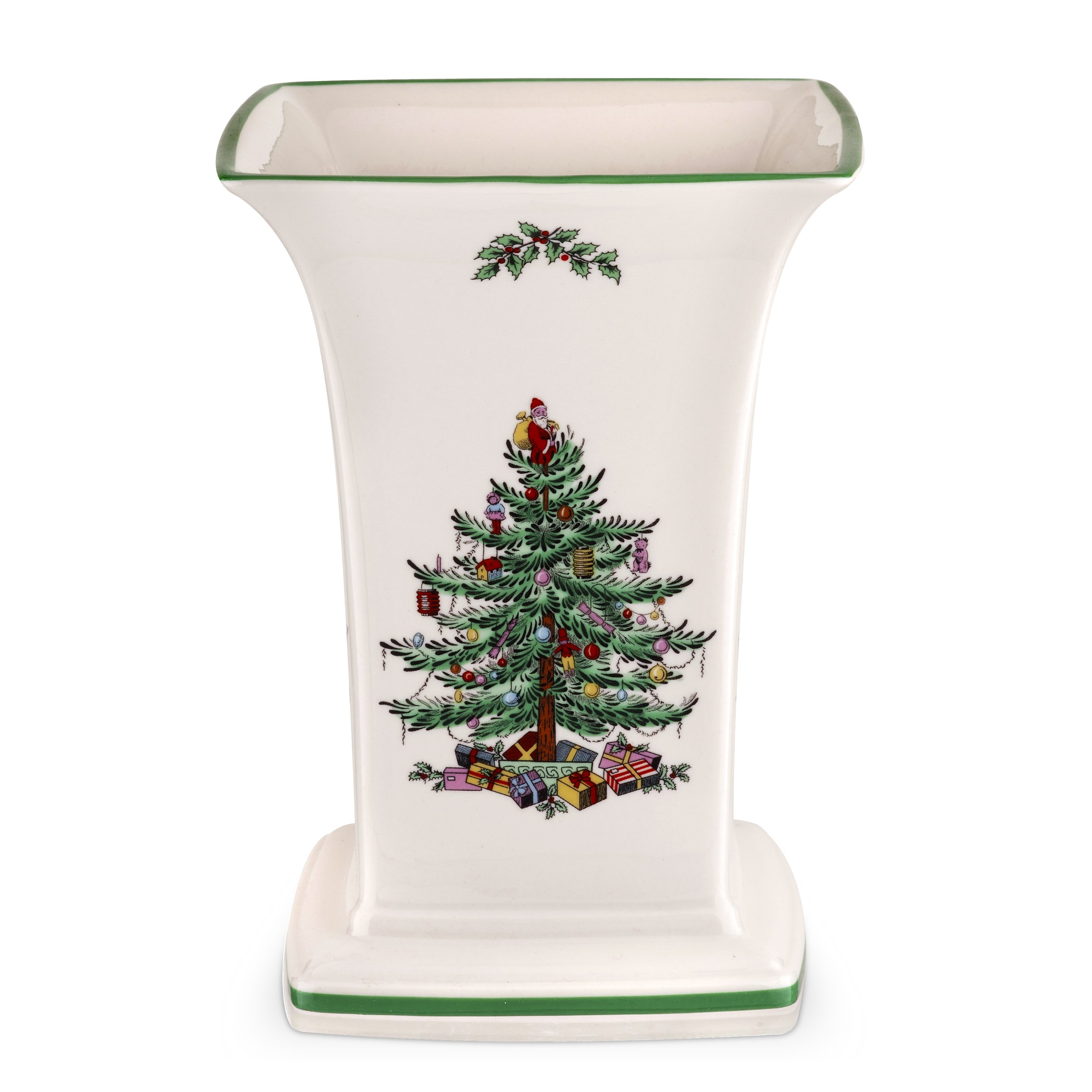 Christmas Tree Square Vase, 8-Inch Festive Vase for Flowers & Holiday Decor - Fine Earthenware Centerpiece for Christmas Table, Mantle, Seasonal Floral Arrangements, Dishwasher Safe