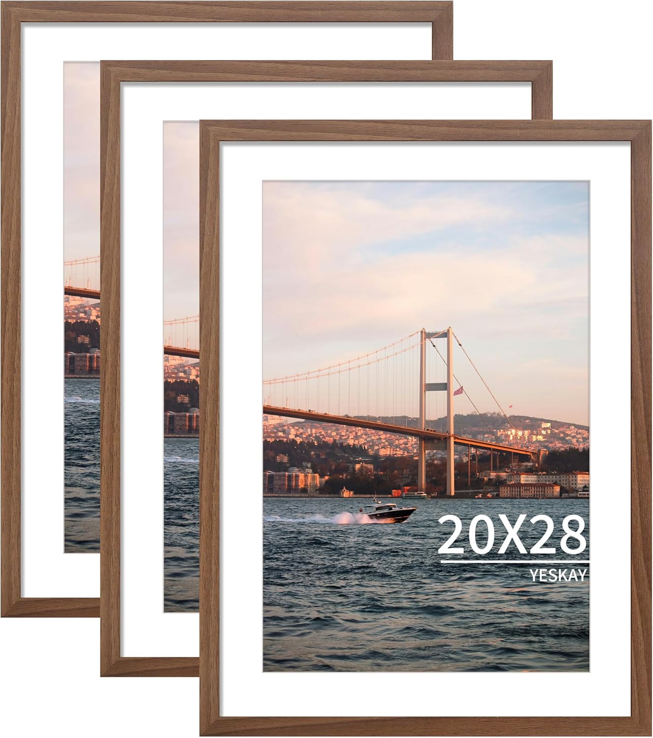 20x28 Picture Frame Brown Set of 3, Display Pictures 16x24 with Mat or 20 x 28 Without Mat, Poster Frames 20x28 for Wall Hanging Horizontal and Vertical Brown 20x28(3PK)
