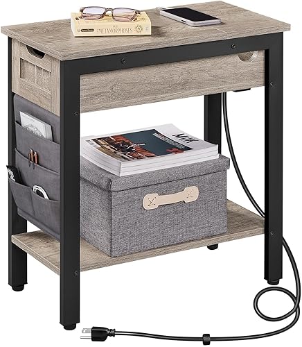 Yaheetech Mesa auxiliar estrecha con estación de carga, mesa auxiliar abatible con cajón y estante y bolsa de tela extraíble, mesita de noche de