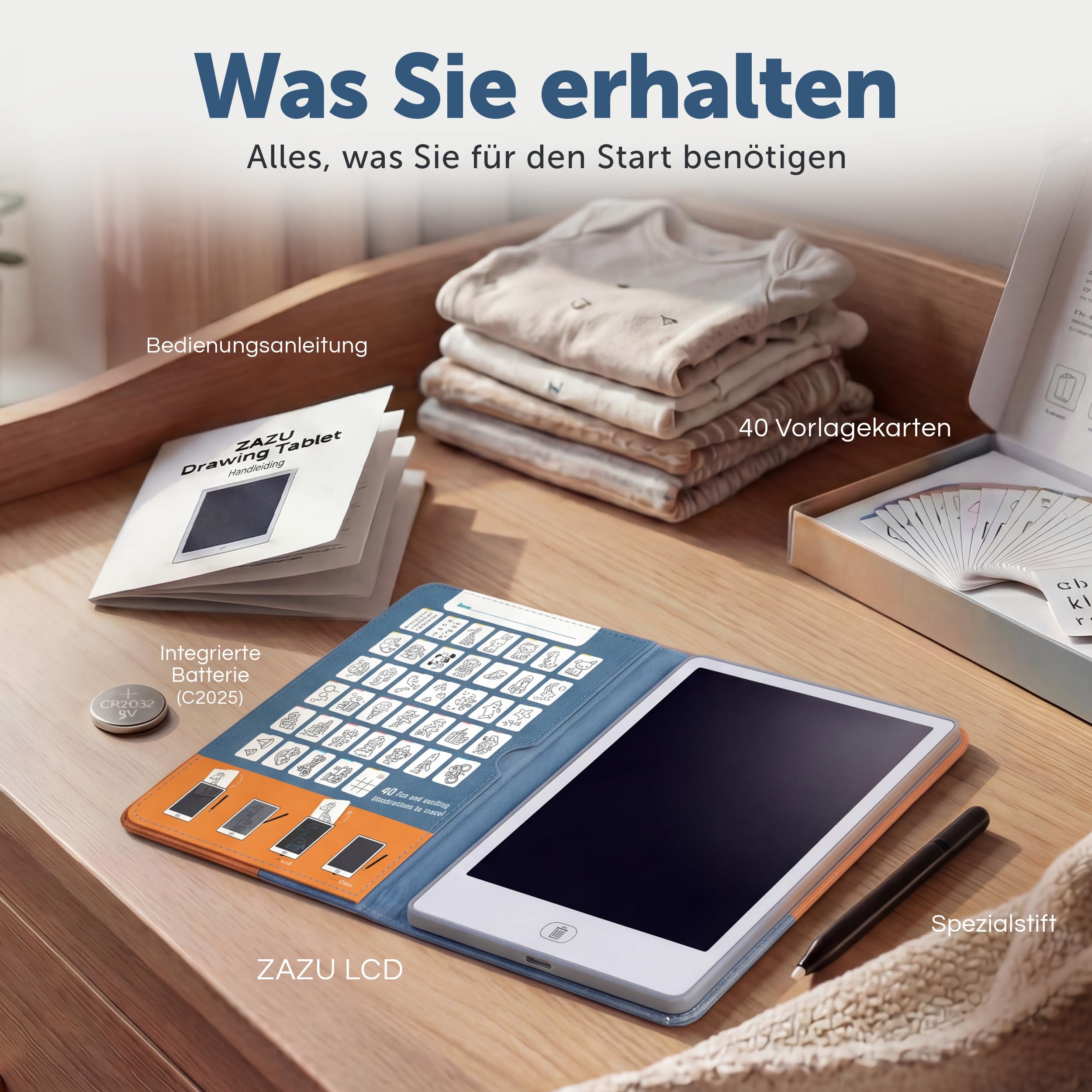 Zazu LCD Zeichentablet Kinder 8,5 Zoll mit 40 Vorlagenkarten & Stift – Maltablet mit Löschfunktion und Sperrtaste – Kreatives Lernspielzeug für Zuhause & unterwegs