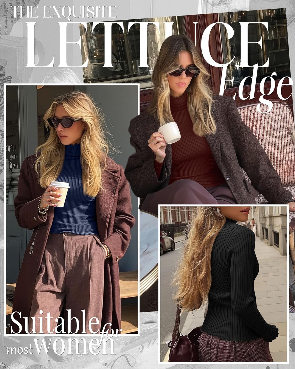 3 Pack Women's Turtleneck Cotton Shirts, Long Sleeve Ribbed Lettuce Trim Mock Neck Slim Fit Tops Soft Base Layer - Image 2