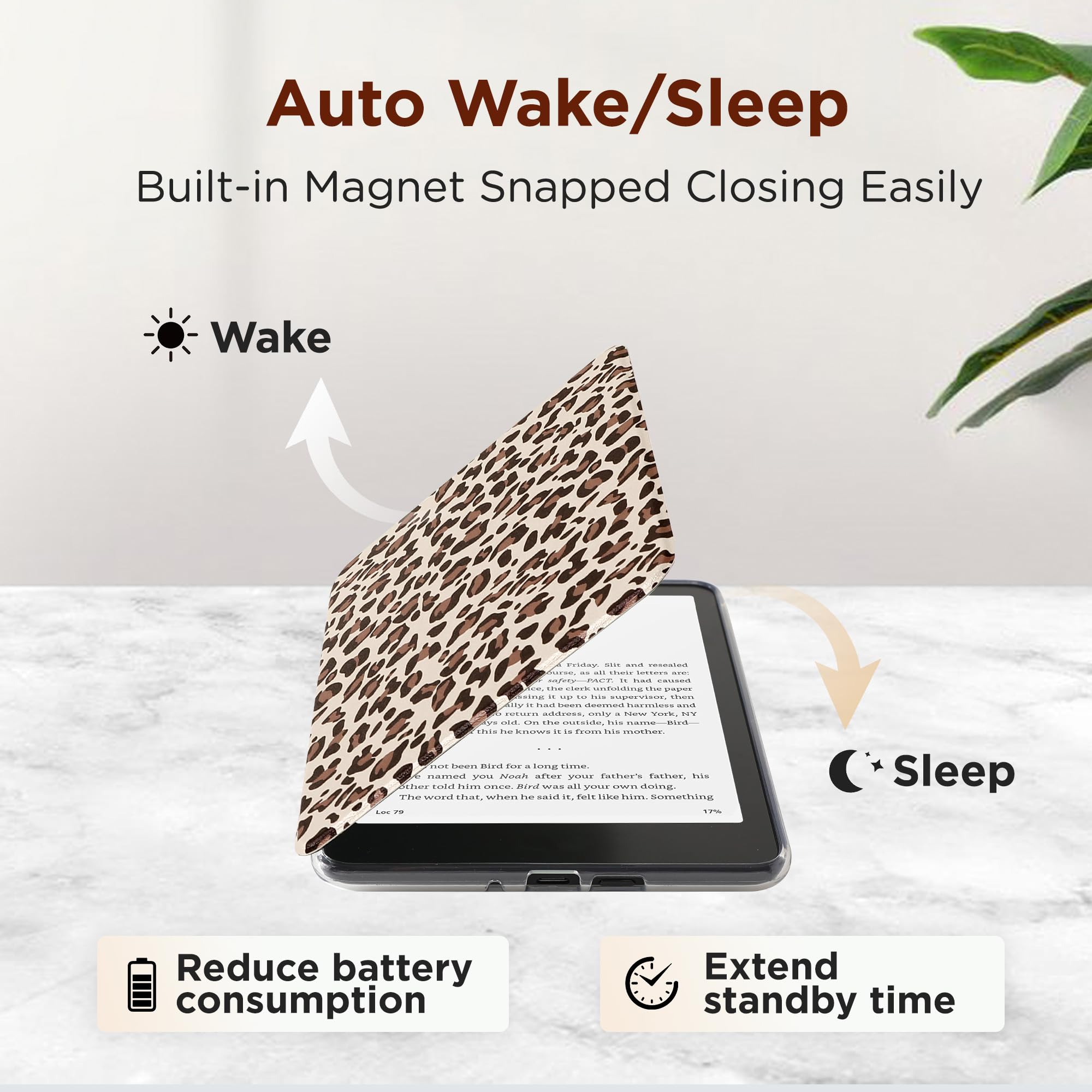 SESENSE Odłączane magnetyczne etui do Kindle Paperwhite 12. generacji 2024 i Kindle Colorsoft Signature Edition, smukłe etui z PU z automatycznym budzeniem/uśpieniem, lampart