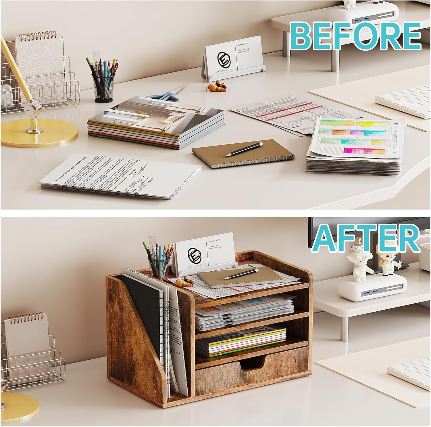 Wood Desk File Organizer with Side File Rack, Space-Efficient Design Easy to Assemble for Efficient Office Setup, Reduces Desk Clutter (Brown)