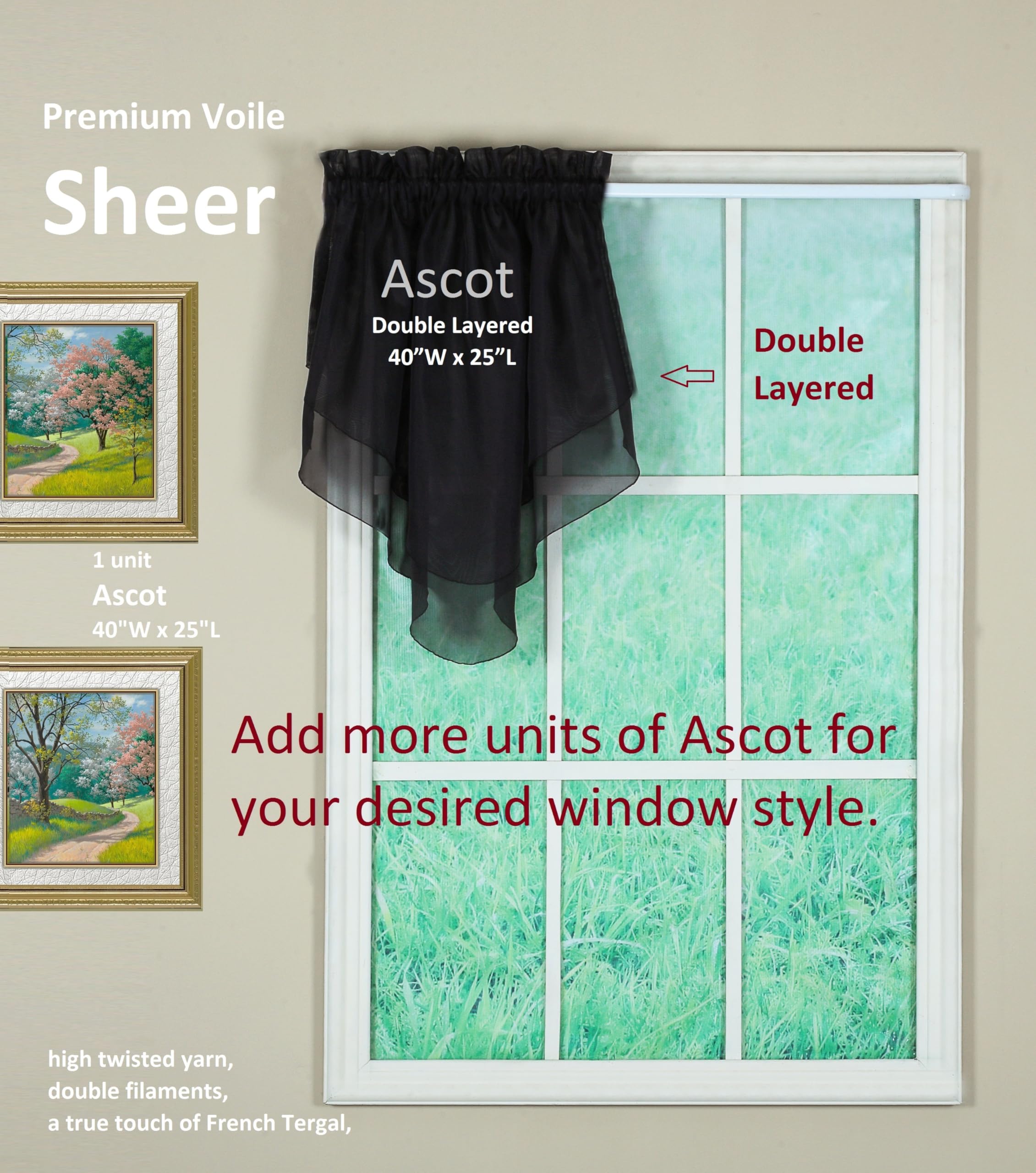 Today's Curtain Emelia Original Voile Ascot 25", Black, 40" W x 25" L, W 40" x L 25" (1 Panels) - Image 2