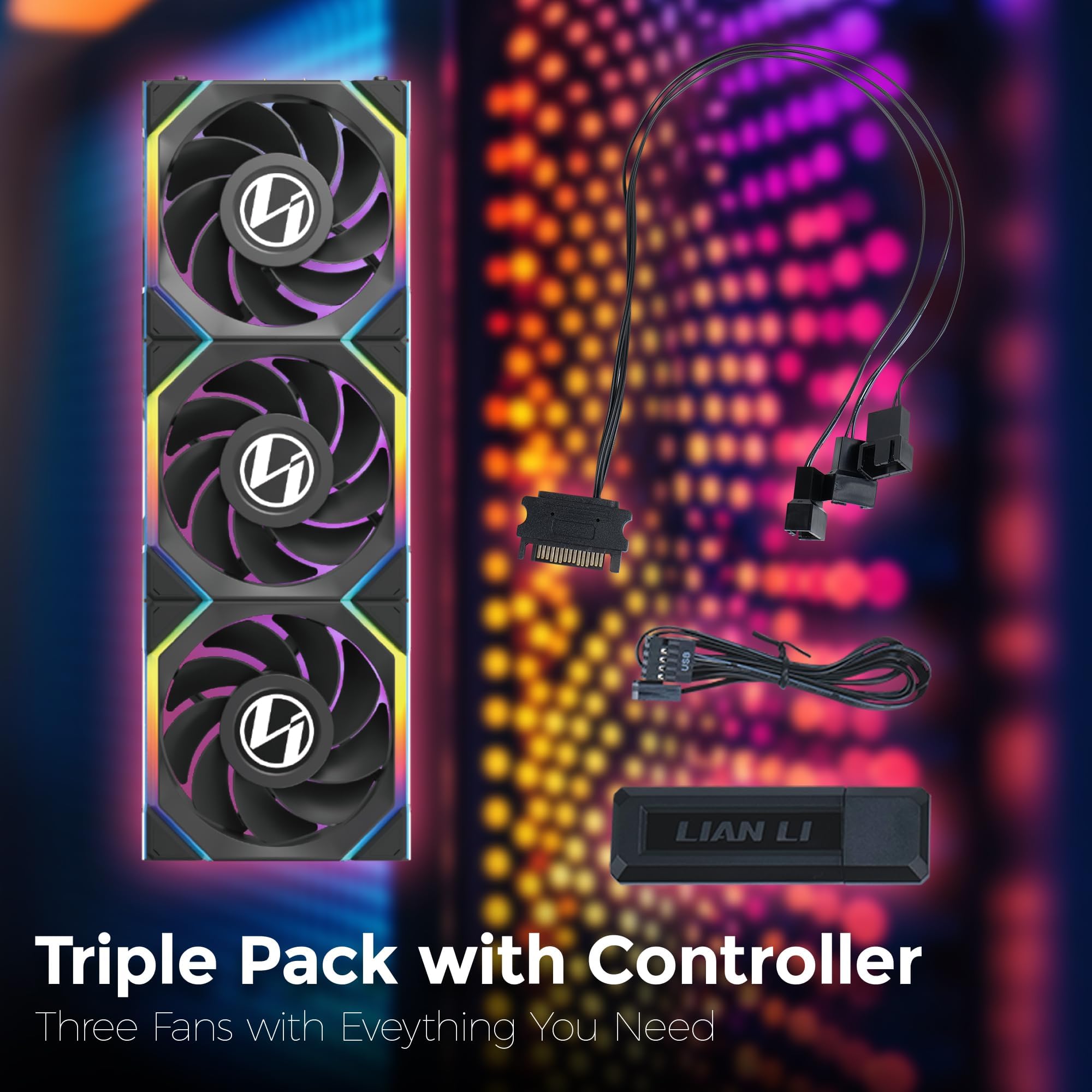 Lian Li UNI FAN SL Wireless LCD Lüfter, ARGB, PWM, 3er-Pack inkl. Controller - Reverse Blade, 120 mm, schwarz