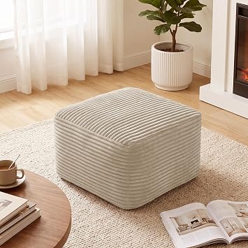 27.6" Boneless Ottoman, Plush Corduroy Ottoman Foot Rest for Boneless Couch in a Box, Compressed Soft Foam Footrest No Assembly Require, Large Square Footstool for Living Room, Bedroom, Beige