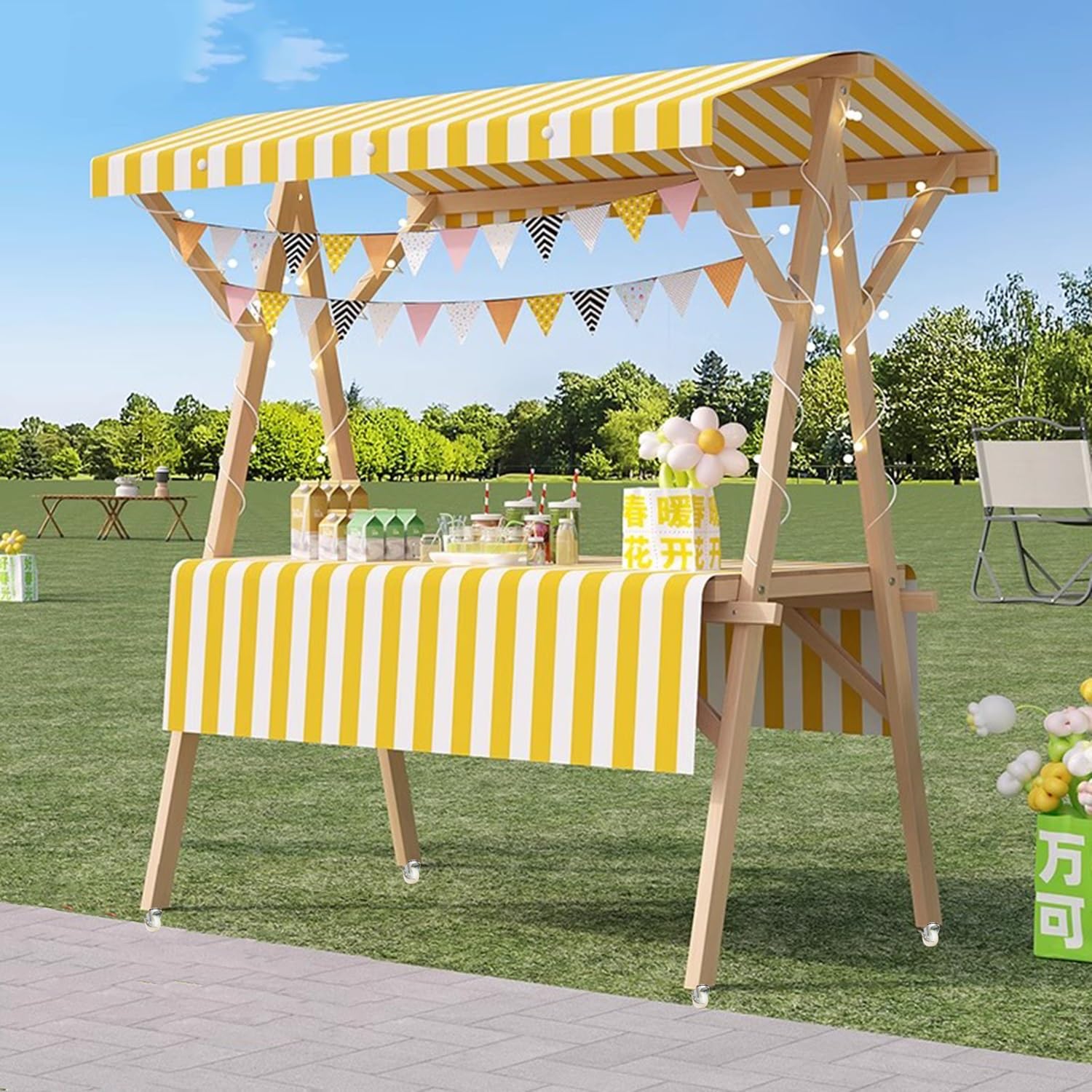 Heavy Duty Pieghevole Legno Venditore Carrello 500kg carico Sunshade LED Luce Chiudibile Rotelle di Mercato Portatile Stallo per Food Craft Fiori Vendita Facile Configurazione
