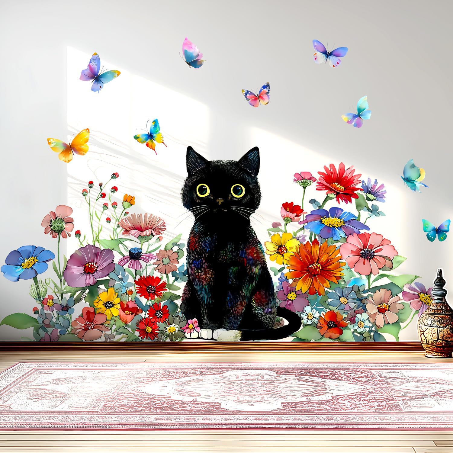 Flowers Black Cat Wall Decals Peel and Stick, Colorful Floral Butterflies Wall Stickers & Murals, Removable Home Decor Art for Bedroom Living Room Classroom Office