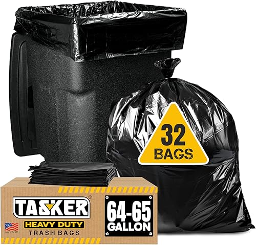 Bolsas de basura Tasker de 65 galones para Toter, (Paquete de valor 32 unidades con ataduras) Extra grandes de 64 galones, bolsas de basura