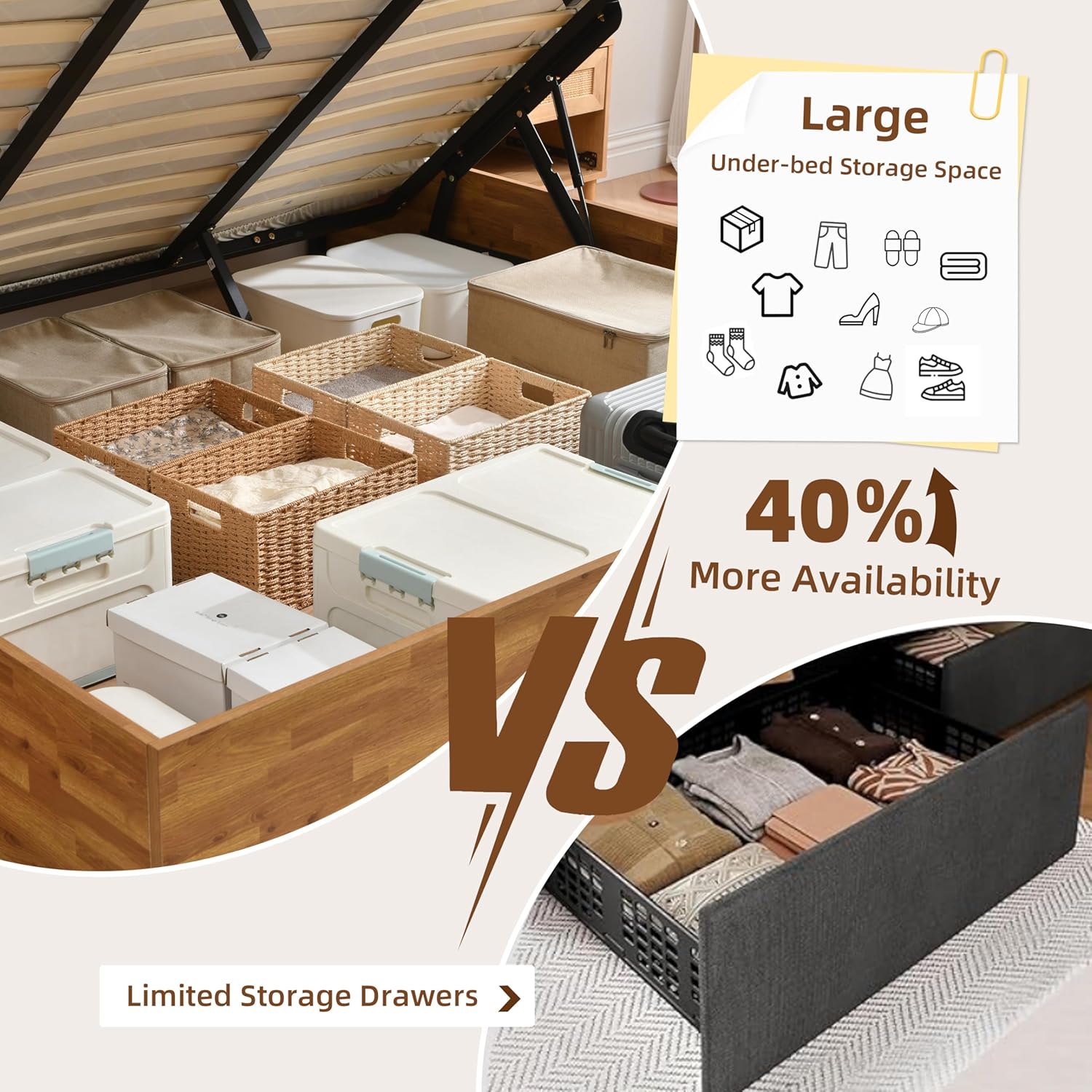 King Size Lift Up Storage Platform Bed Frame, Wood Bed Frame with Metal & Slats Support, Wooden Bed Frame Without Headboard, No Box Spring Needed, Easy Assembly, Rustic Brown