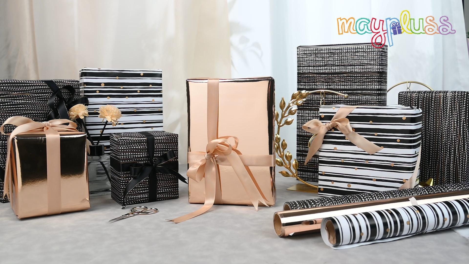 Supervitae 4 Rolls Black And Gold Wrapping Paper Roll 17 Inch X 10 Ft Mini Roll Solid Color Striped Polka Dot Design Gift Wrap For Birthday Christmas Father's Day Men Husband