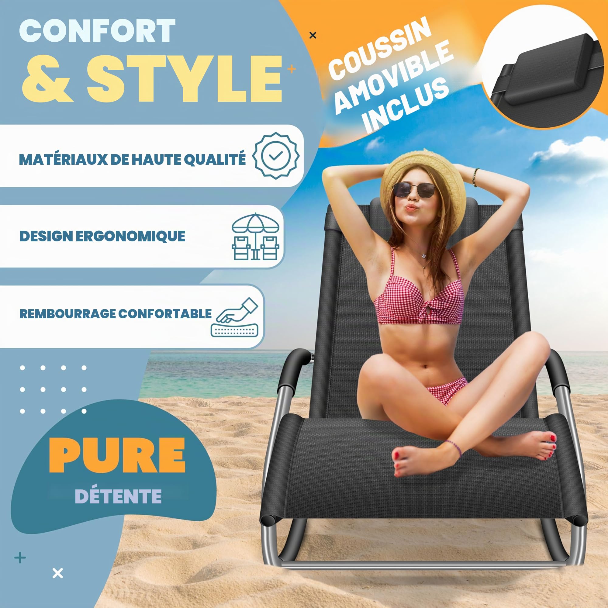 KESSER Chaise de jardin à bascule - Ergonomique - Coussin - Résistant aux intempéries - Charge maximale : 150 kg - Anthracite