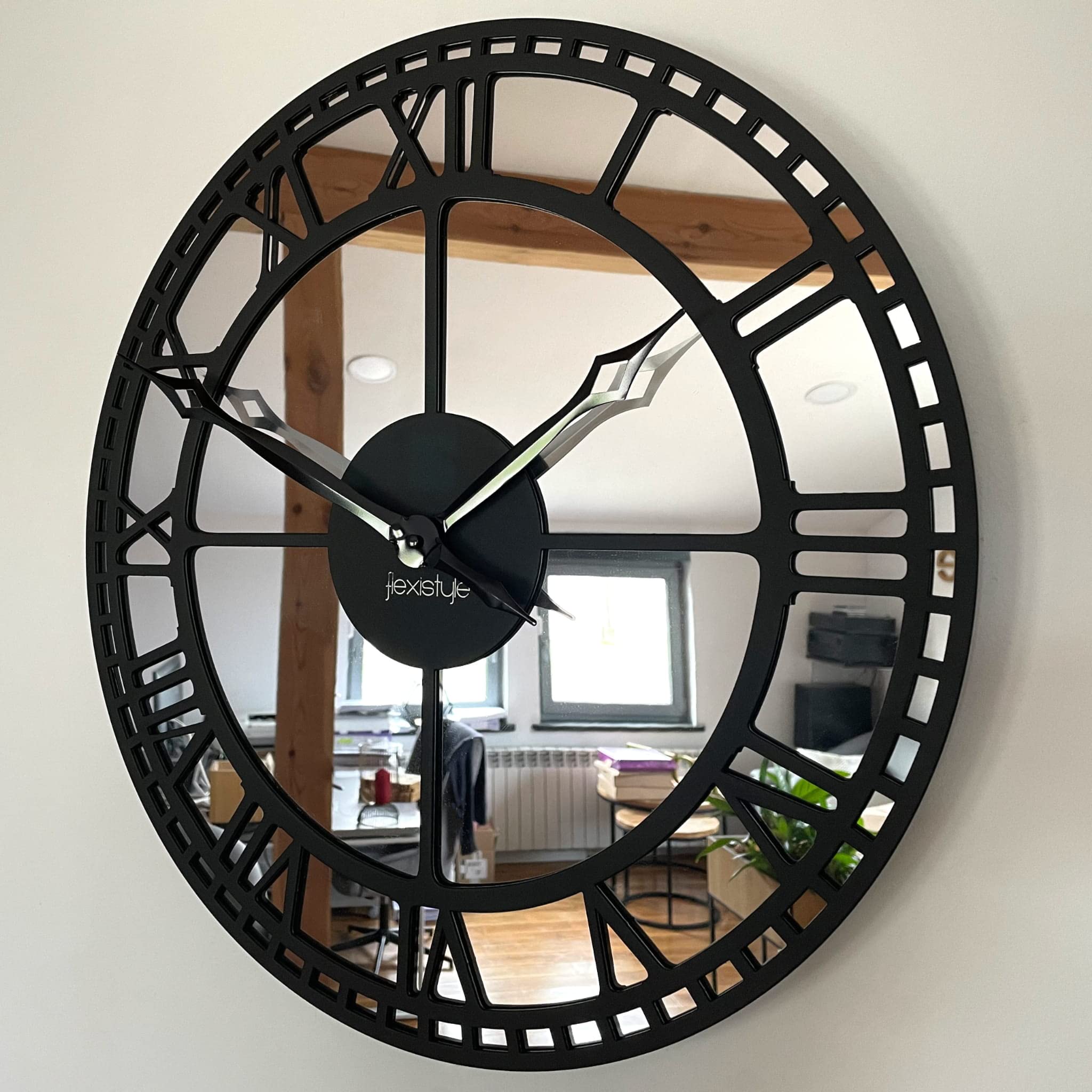 FLEXISTYLE Grande horloge murale en métal miroir sans bruit de tic-tac vintage rétro 50 cm de diamètre sans tic-tac