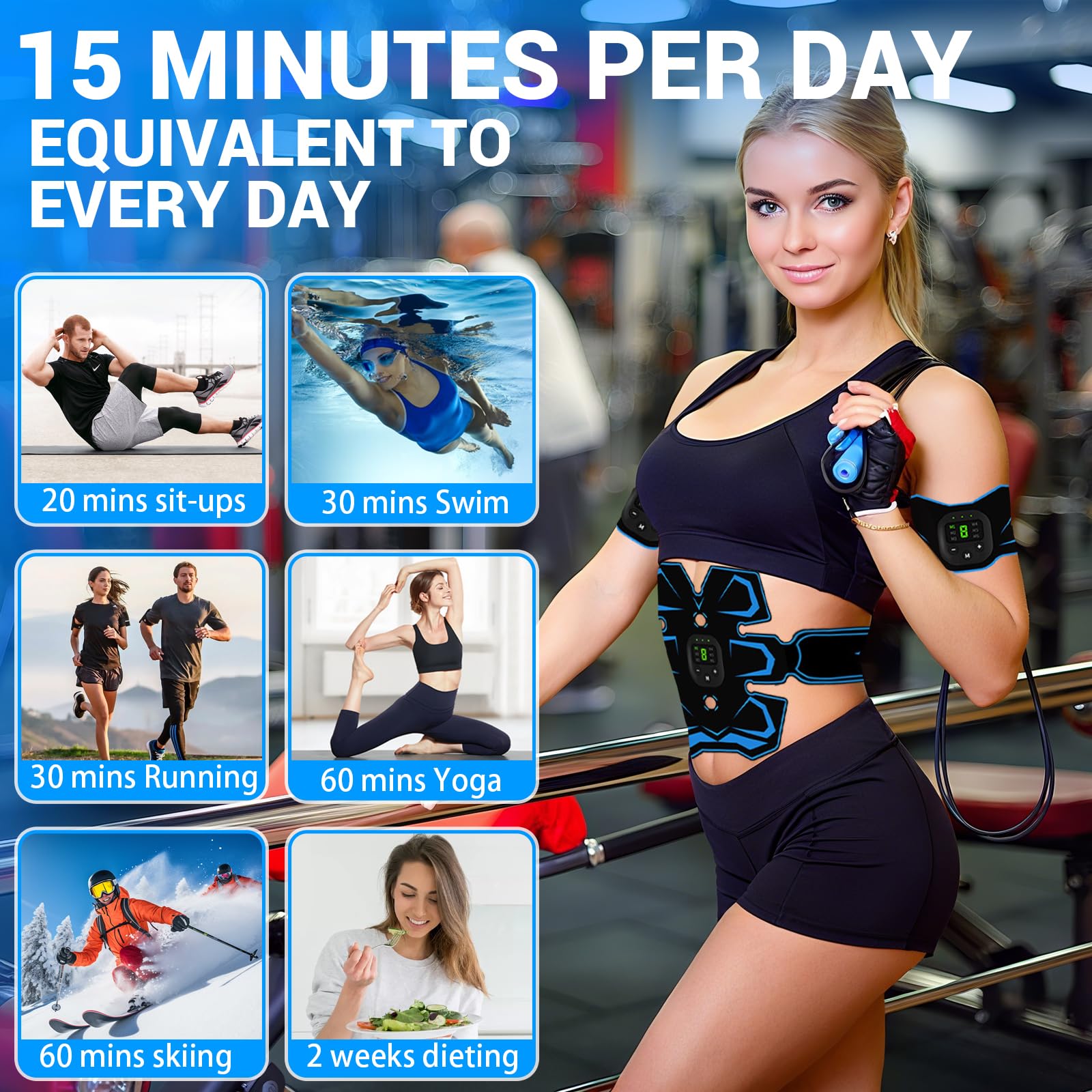 EMS Electrostimulateur Musculaire, Stimulateur Musculaire, 6 Modes et 19 Intensités Ceinture Musculation Electrostimulation, pour Abdos/Bras/Jambes/Fesses, Homme Femme