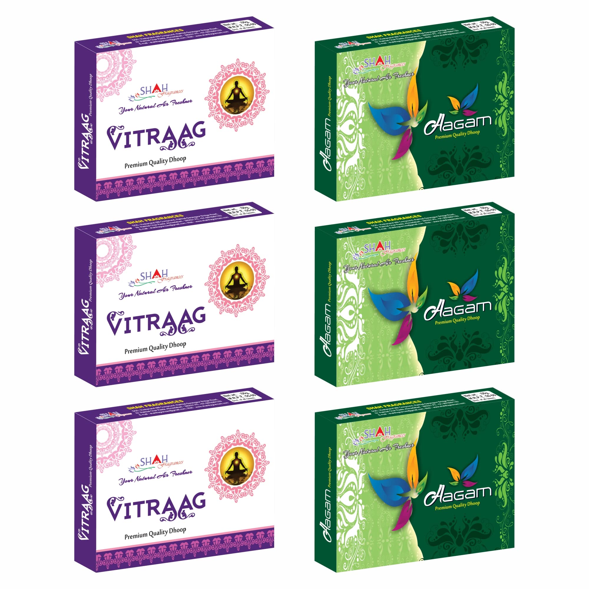 Shah Fragrances Aagam-Vitrag Premium Bambooless Dhoop Sticks (Pack of 6 x 50g) | Assorted Natural Incense Dhoop Sticks for Home | Meditation and Prayer | Long-Lasting Fragrance