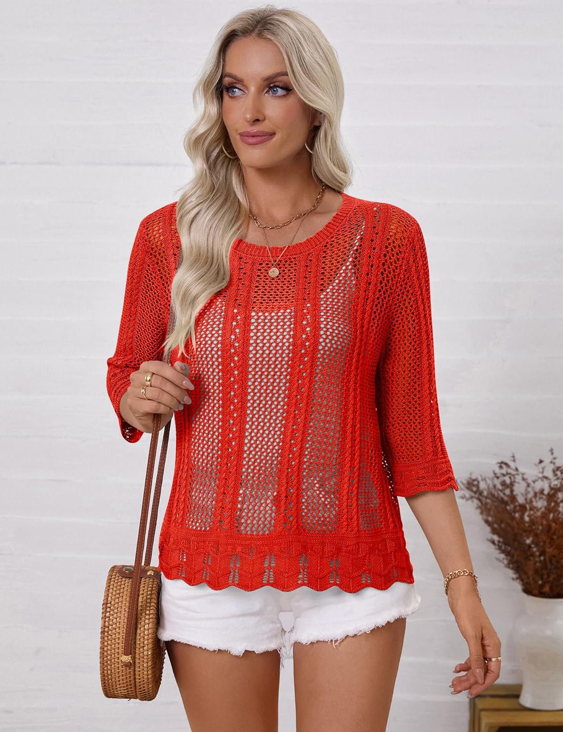 LOMON Womens Summer 3/4 Sleeve Sweater Scoop Neck Casual Crochet Hollow Out Knit Tops Pullover Shirts Blouse - Image 5