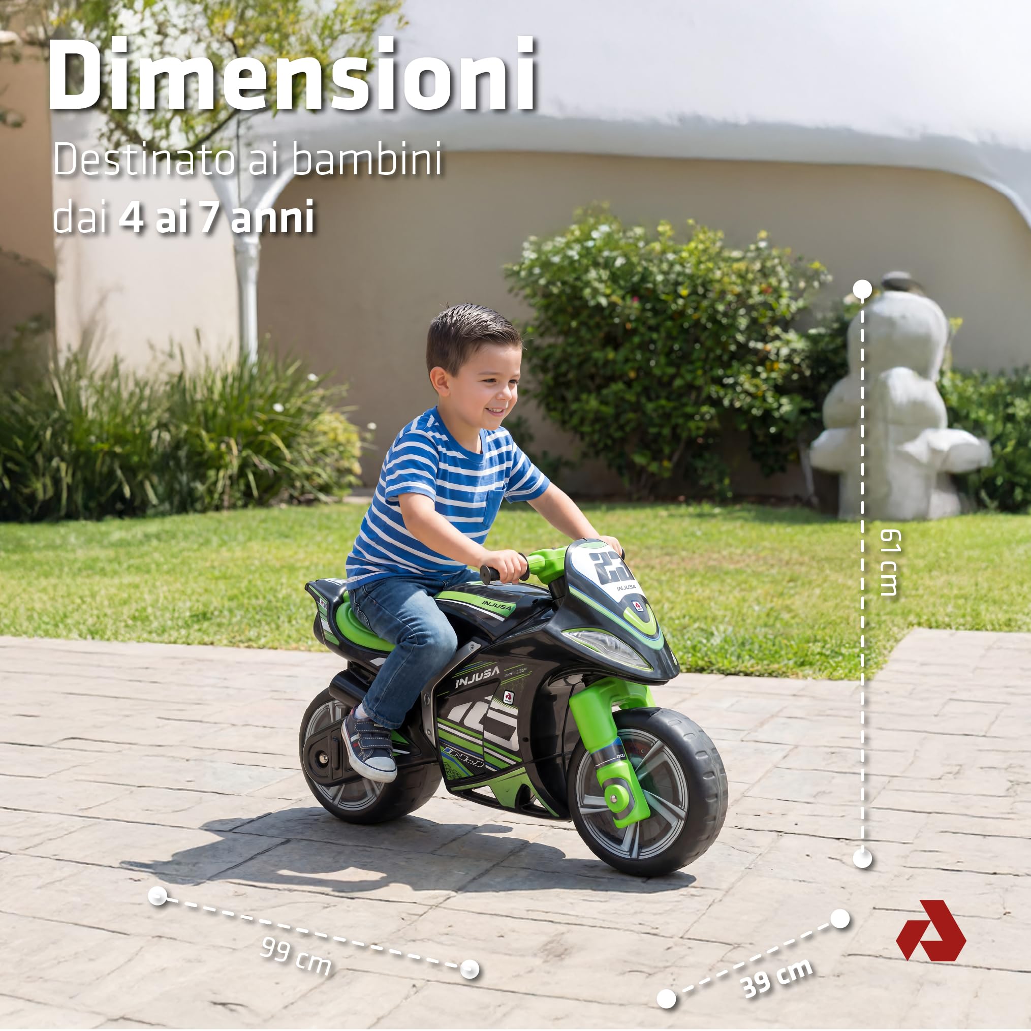 Moto per Bambini 4 ai 7 Anni - Moto per Bambino 4-5 - 6 e 7 Anni Ruote Larghe Stabile Senza Pedali - Ergonomica Maniglia Trasporto + Design Nero - INJUSA