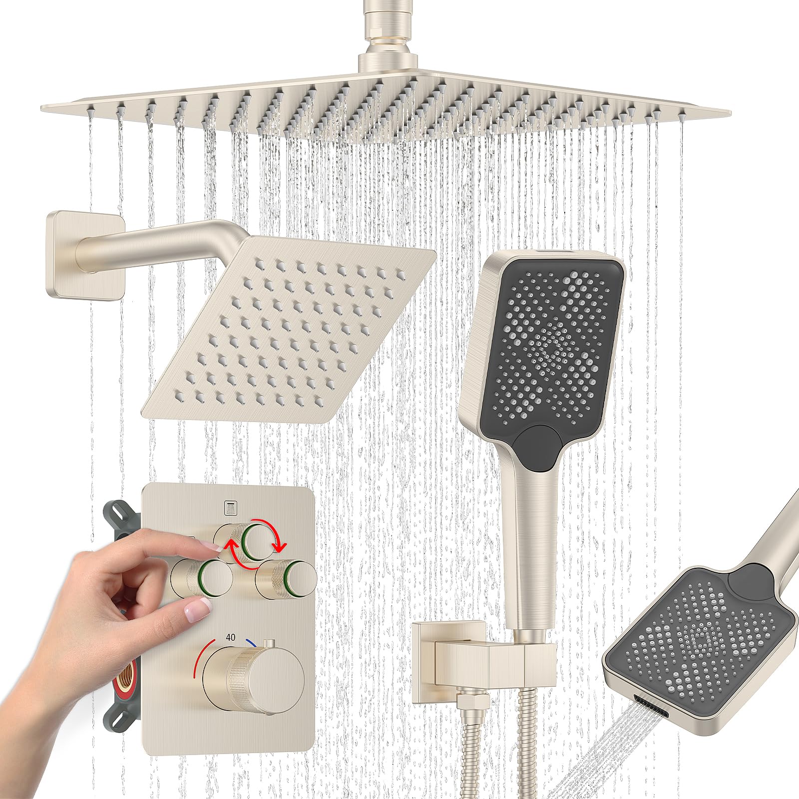 Iriber Thermostatic Shower System with Adjustable Water Flow Push Button Diverter, Square Dual Shower Heads Faucet Set with Handheld Spray, Brushed Nickel Shower Mixer Valve Trim Kit (Valve Included)