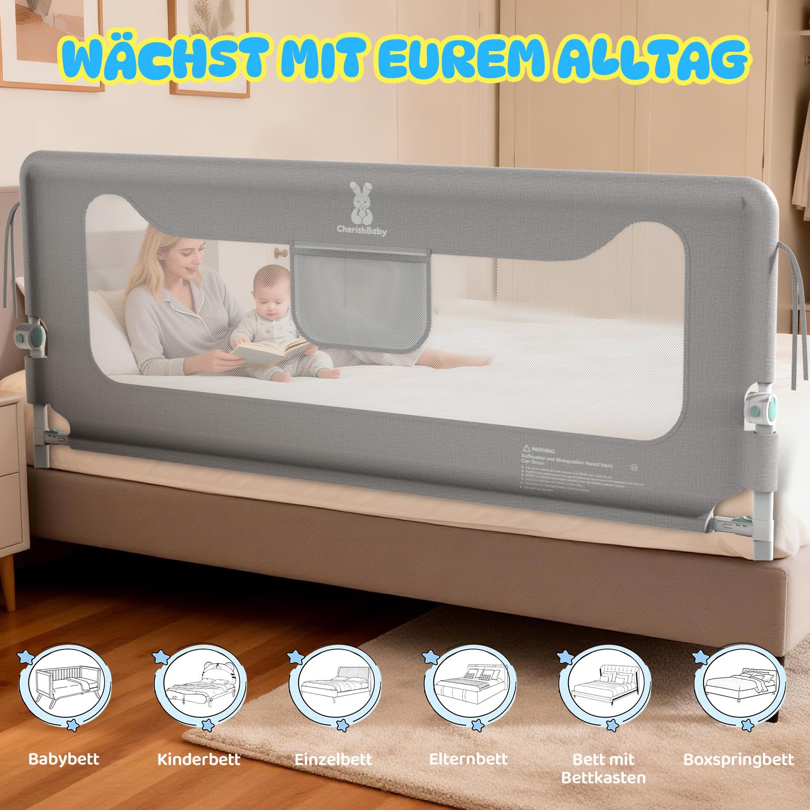Soontrans Rausfallschutz Bett, Sanfter Schutz für den Übergang ins Große Bett, Klappbar & Höhenverstellbar, Rausfallschutz Boxspringbett für Ruhige Nächte, aus Metallrahmen & Gepolstert (150 cm)