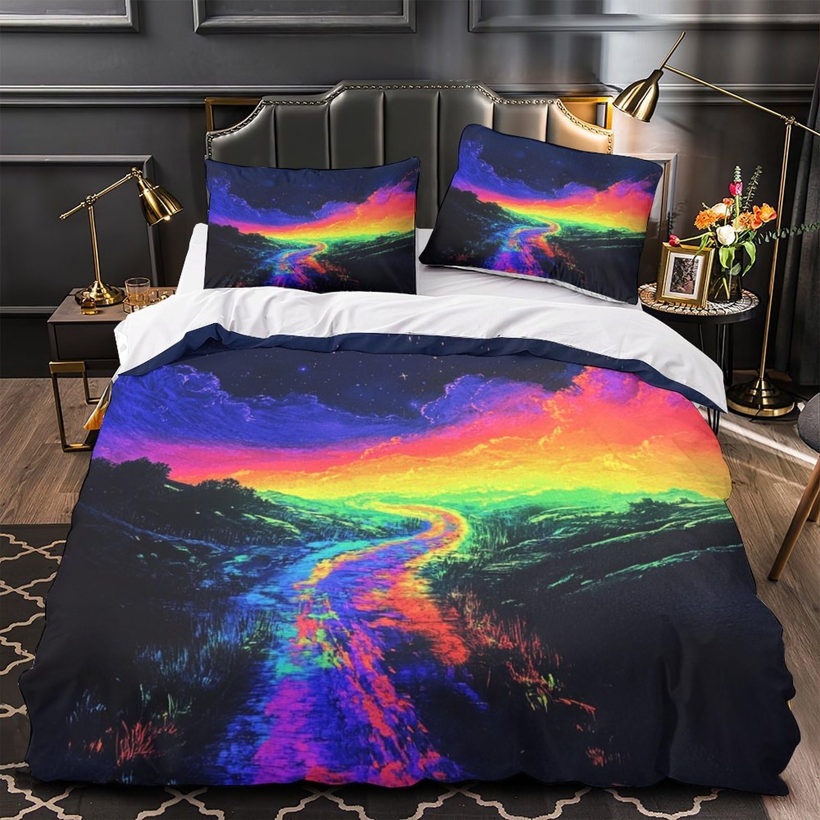 Housse de couette paysage néon 3D microfibre 200x200cm avec taies