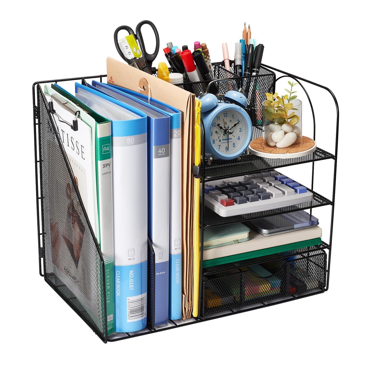 TSJ OFFICEDesk Drawer Organizer, 4 Tier Paper Letter Tray Organizer with Drawer & Hanging Pen Holder, Mesh Desktop Organizer and Storage with Magazine Holder for Office Supplies