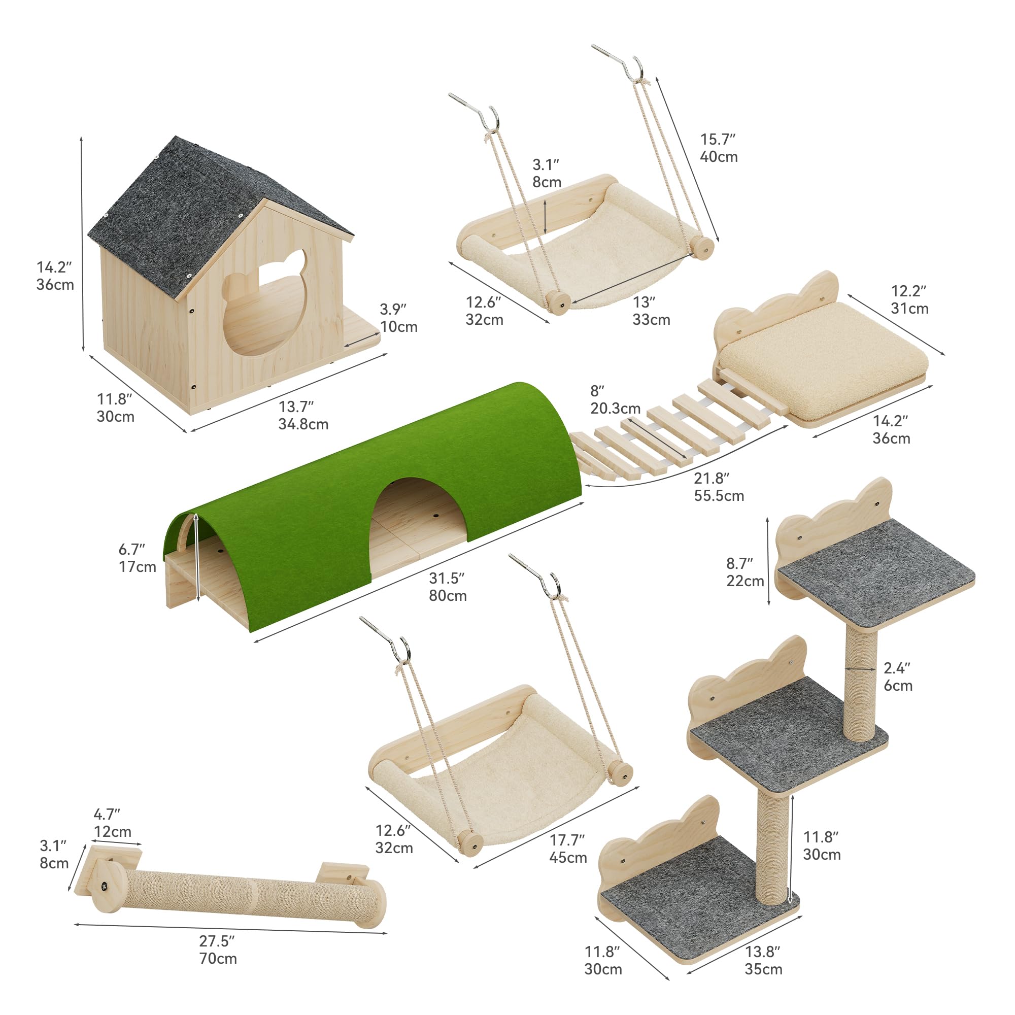YITAHOME Set da parete per gatti in legno robusto, 7 ripiani con casa, ponte sospeso, scale, amaca e tiragraffi per dormire, giocare e riposare