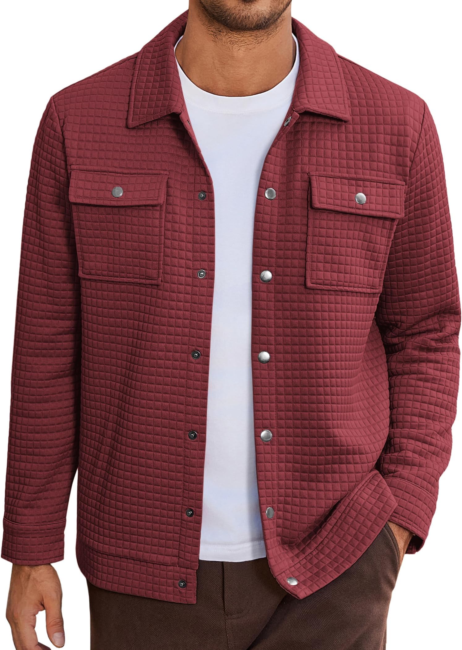 Mens Casual Shirt Jacket Button Down Waffle Jacket Long Sleeve Sweater Jackets Quilted Shacket Overshirt