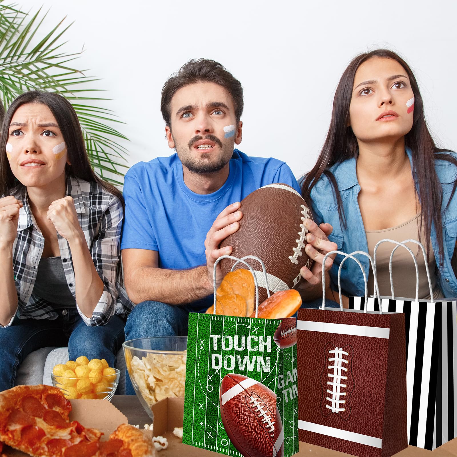 Juweked 12Pcs Football Gift Bags With Handle - Paper Goodie Bags for Snacks, Party Favors, Treats - Touchdown Game Time Party Decor
