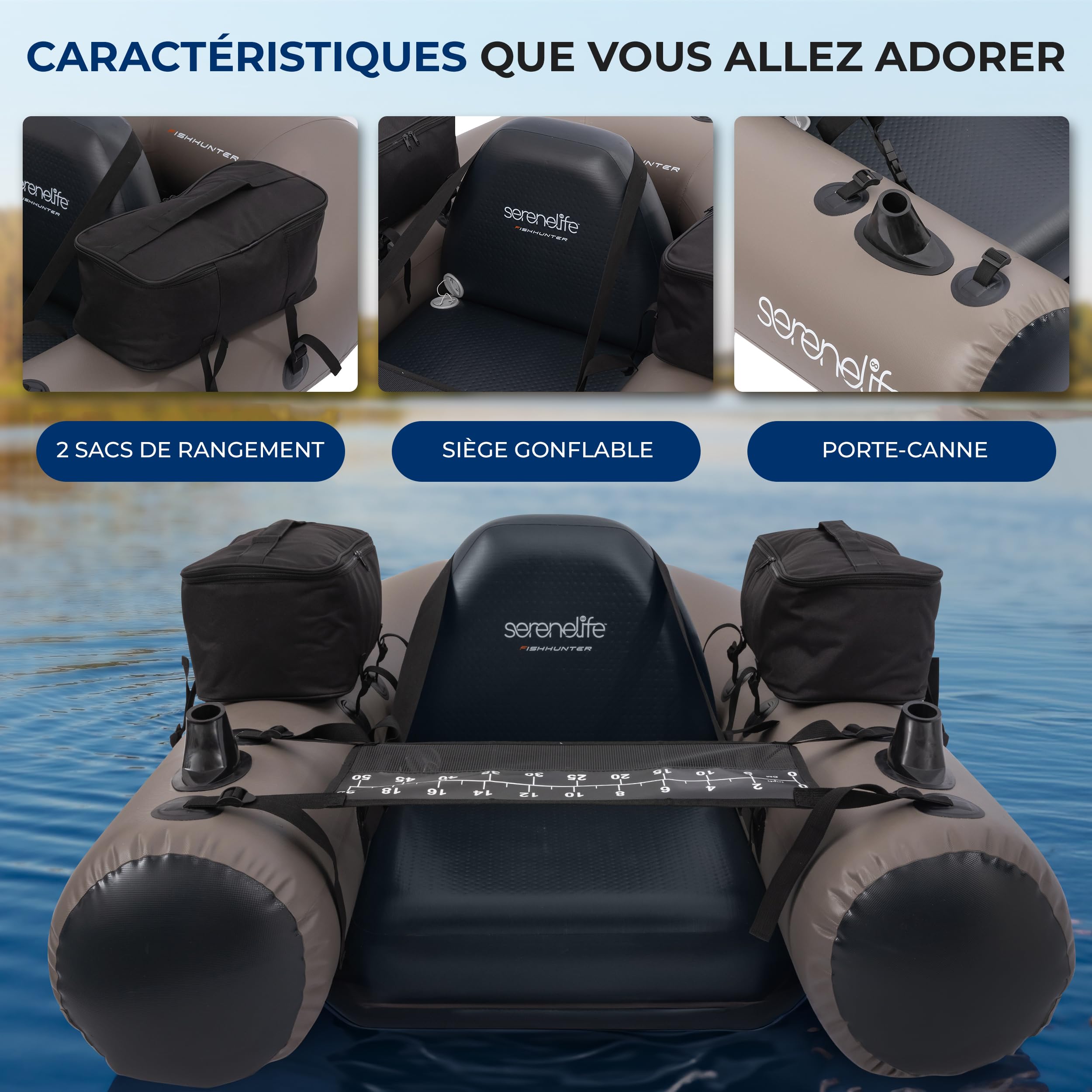 SereneLife Float Tube de Pêche, Belly Boat PVC Laminé, Bateau de Pêche Gonflable Charge 100 kg, Siège avec Dossier, Porte-Cannes, 2 Poches Étanches, Pompe et Sac