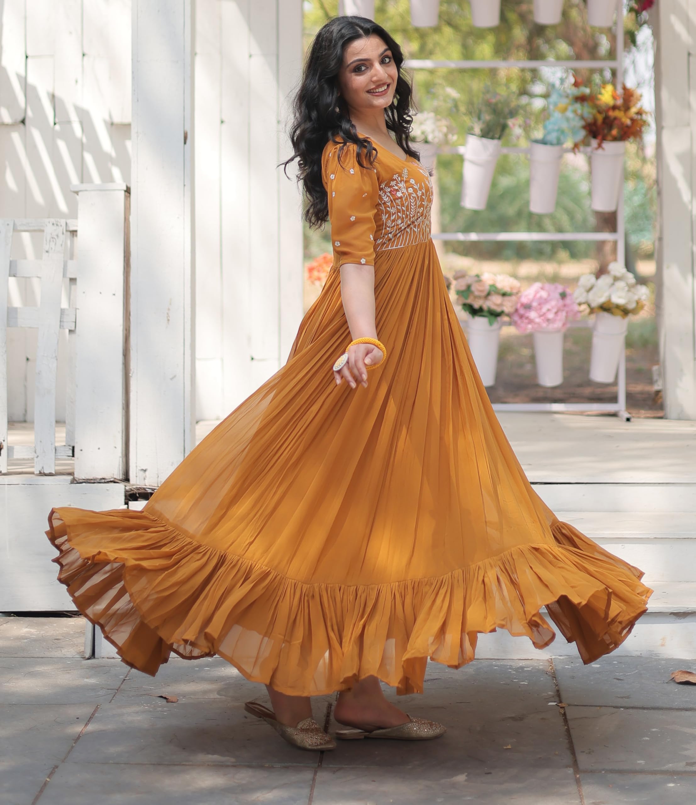 Fashion Basket Georgette Anarkali Gown With Sequins And Embroidery For Women With Long Sleeves (Large, Yellow)
