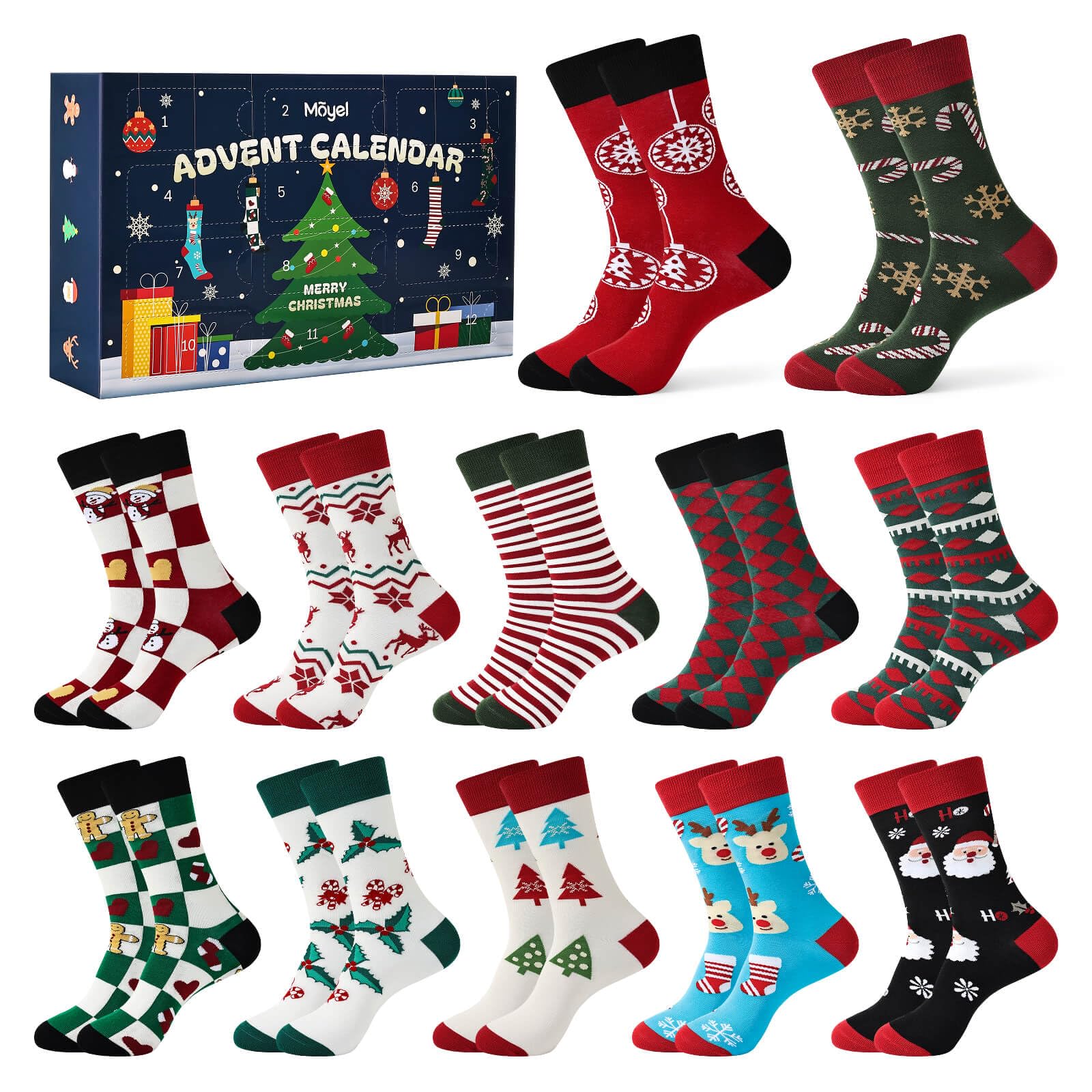 Moyel 12 Paires Calendrier de l Avent Chaussettes 43-46 Calendrier de l'avent 2025 Homme Original Calendrier Avent Creatif Adulte Idee Cadeau Noel pour Mari Père Frère