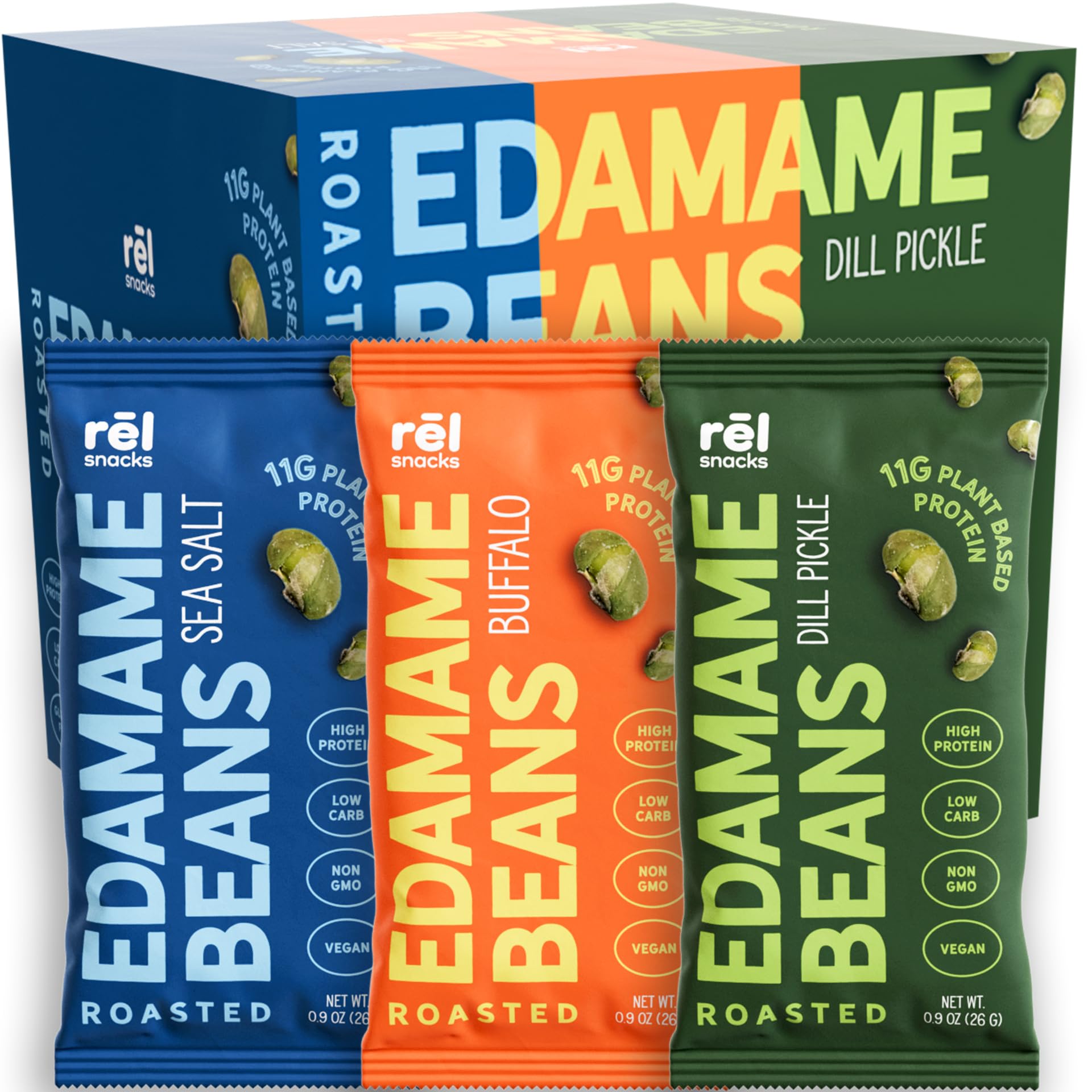 Rēl Snacks Roasted Edamame Snacks by Fred's Farm - Sea Salt & Buffalo Variety, Low Calorie (0.9oz, 10-Pack) | Keto-Friendly, Low Carb, High Protein (11g) | Vegan, Crunchy Snack for Office and On-the-Go