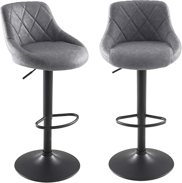 Millhouse DM585 Modern Bar Stools Set, Leatherette Exterior, Adjustable Swivel Gas Lift, Black Footrest and Base for Breakfast Bar, Counter, Kitchen and Home Barstools (DM585-Dune-Grey)