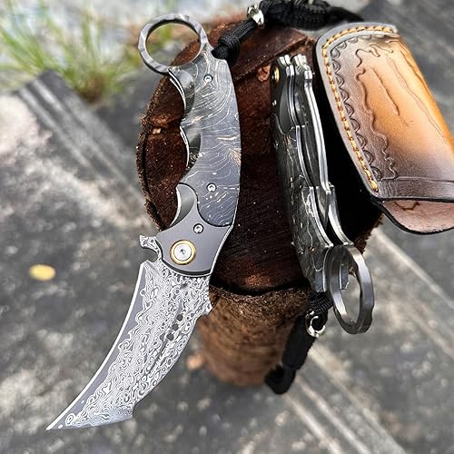 Miniatura 5 de Minowe Handmade Damascus steel Folding Pocket EDCKnifewith cowhide sheath And pocket clip2.8in blade Claw Hawkbill Folding KnifeLining lock, wooden