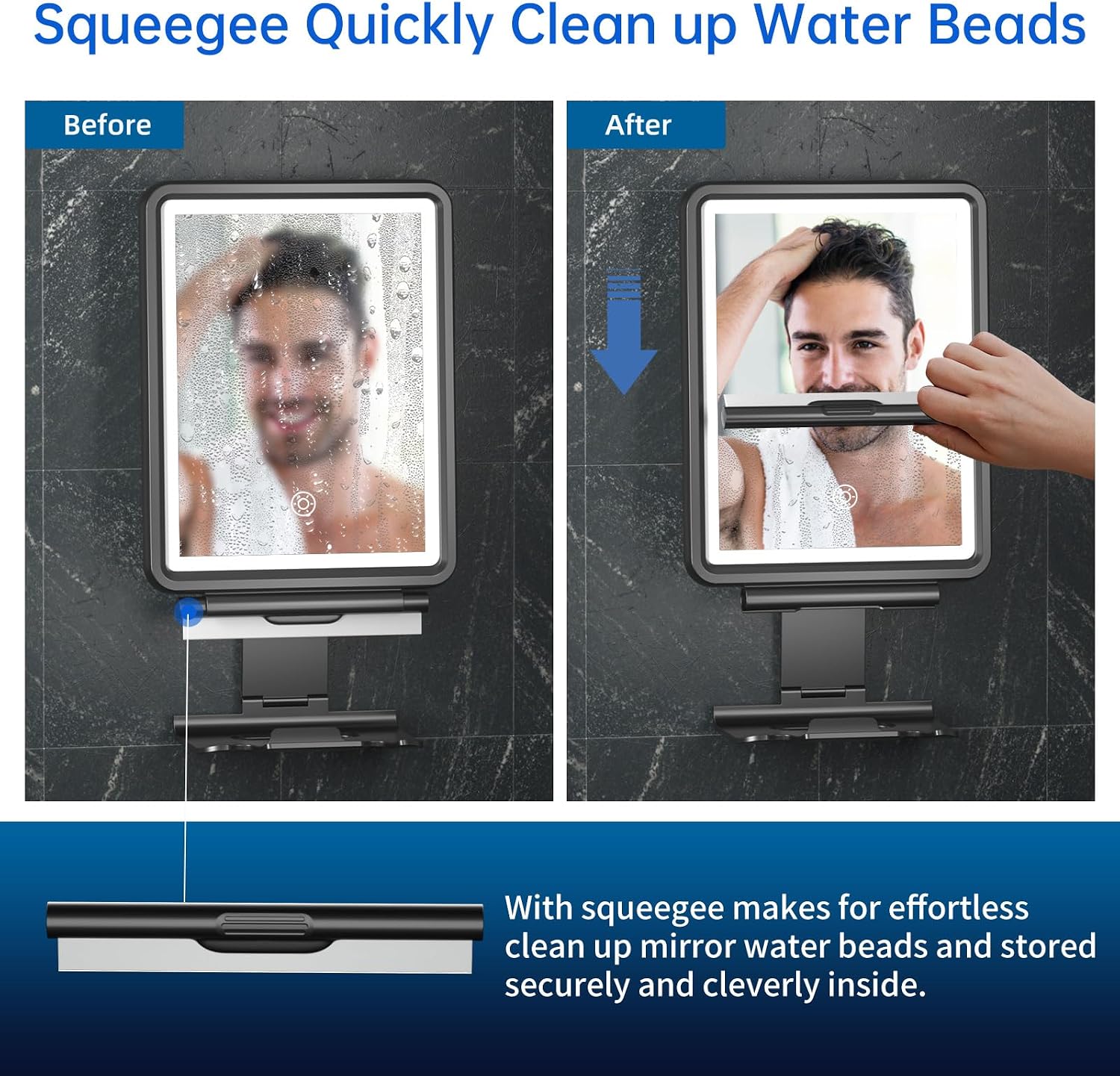 Shower Mirror, 6.2" W x 8" H, Fogless for Shaving with Squeegee to Keep Clean or Remove Foggy Mess, Two Mounting Solution, Dimmable Lighting (3 Color Setting) Shower Mirror Fogless for Shaving