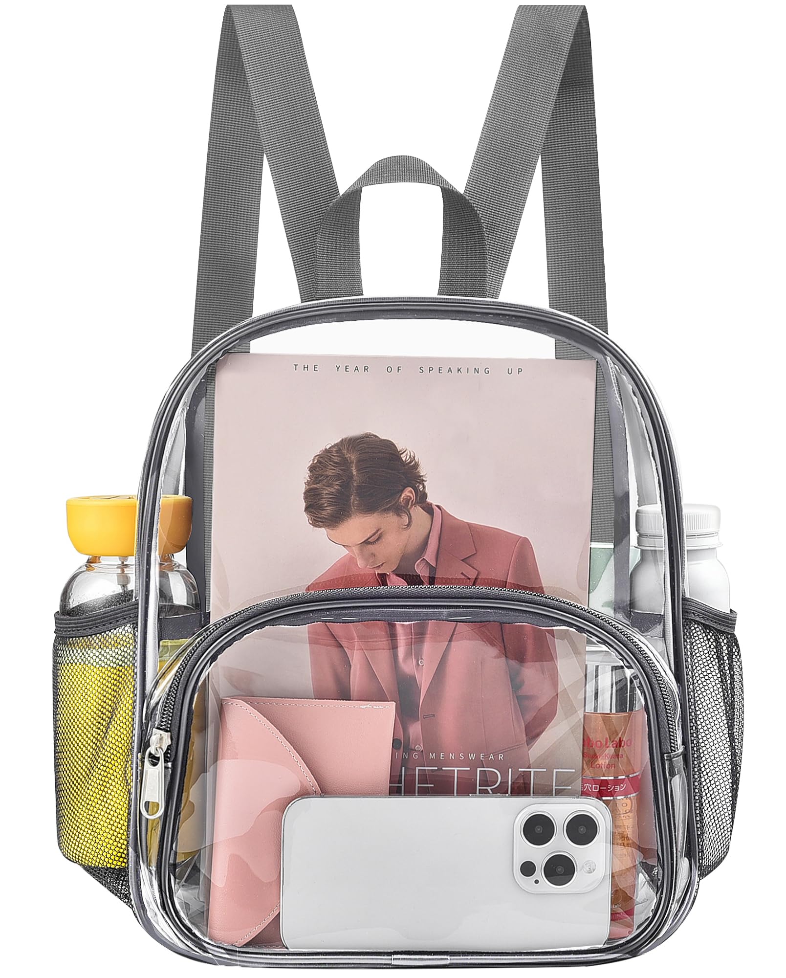 Clear Backpack for Stadium Events Clear Backpack 11.5"L x 6"W x 9.5"H with Front Pocket for Concert Sport Events Work Travel (Grey)