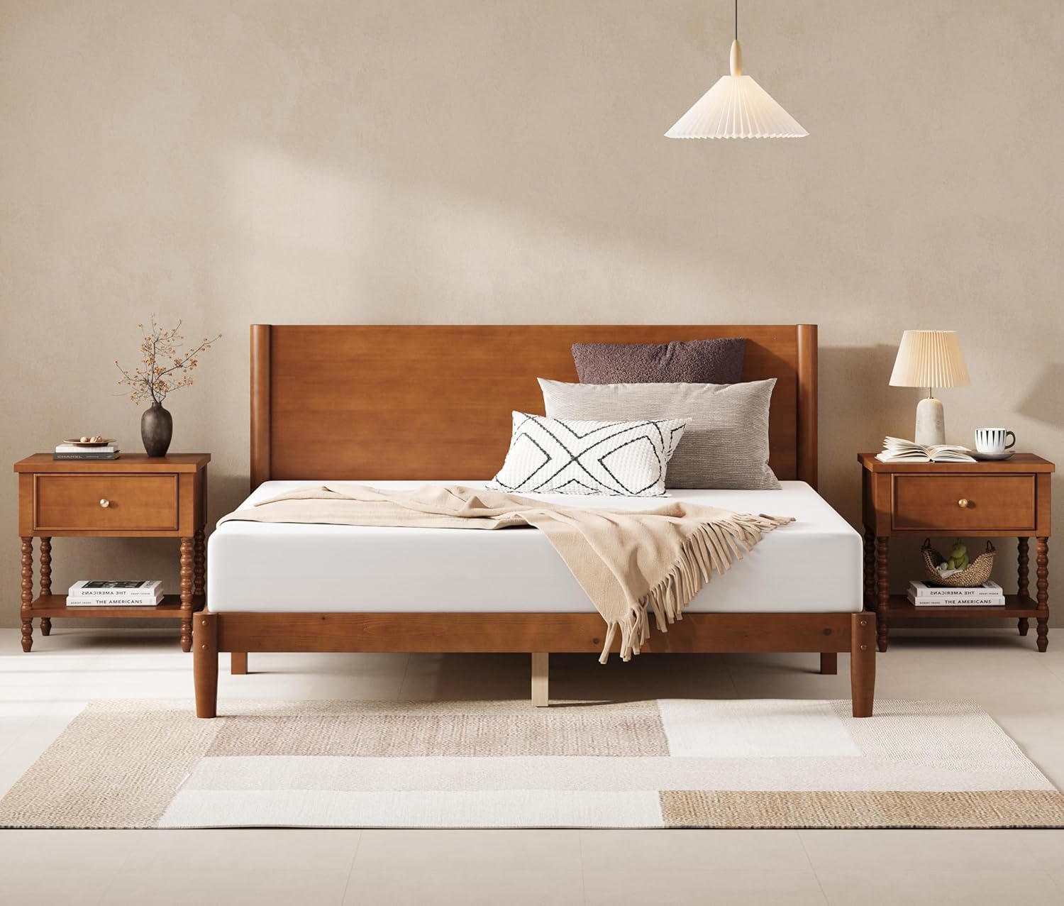 AMERLIFE 3 Piece Bedroom Set Includes Solid Wood King Platform Bed Frame with Headboard and 2 Nightstands with Spindle-Turned Legs, Mid Century Modern Bedroom Furniture, Brown Walnut